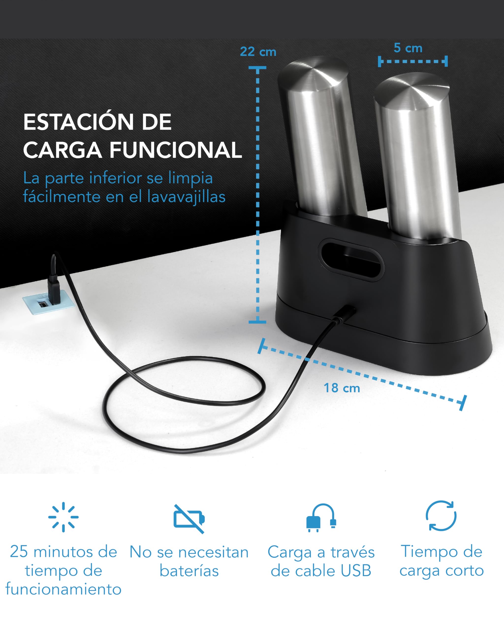 LEBENLANG Molinillo de sal y pimienta electrico - Recargable con muchos accesorios & Juego de pilas incluida I Molinillo de pimienta eléctrico salero electrico sal pimentero molinillo especias