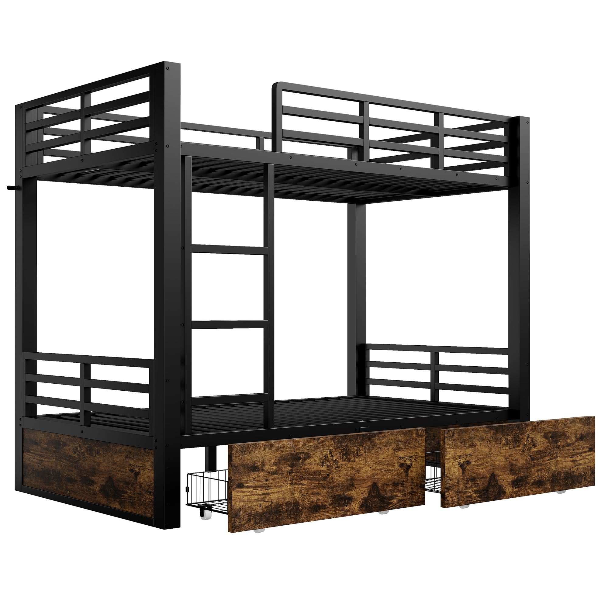 Azkoeesy Litera para dormitorio de metal resistente, 200 x 90 cm, con 2 cajones, escalera de metal resistente y barandilla de seguridad para adolescentes y adultos (90 x 200, negro)