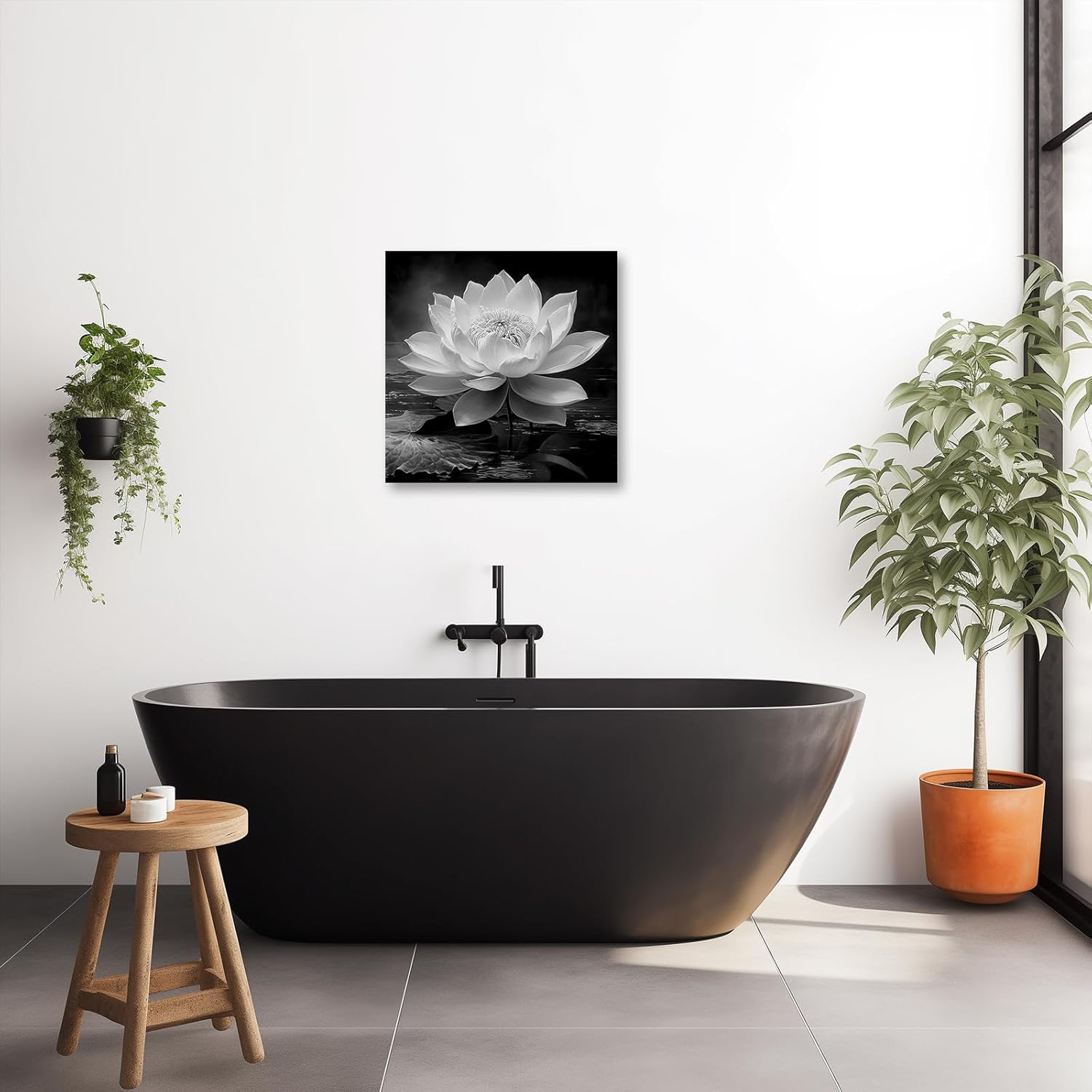 LZIMU Black White Zen Canvas Wall Art Blossom Lotus Picture Water Lily Prints Spiritual Artwork for Bathroom Meditation Yoga Spa Room Decor(Picture-3, (16.00" x 16.00"))
