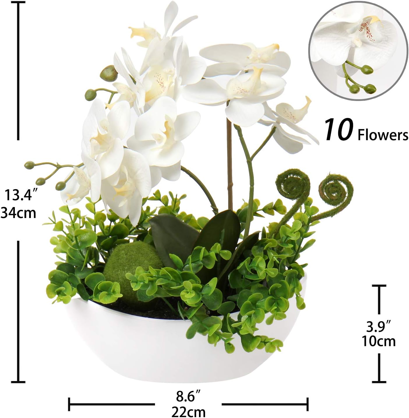 Briful Orchids Artificial Flowers 14" Large Fake Orchid White Phalaenopsis Orchid Flower Arrangements with Ceramic Vase Faux Orchid for Home Bathroom Table Centerpiece Office Wedding Decor