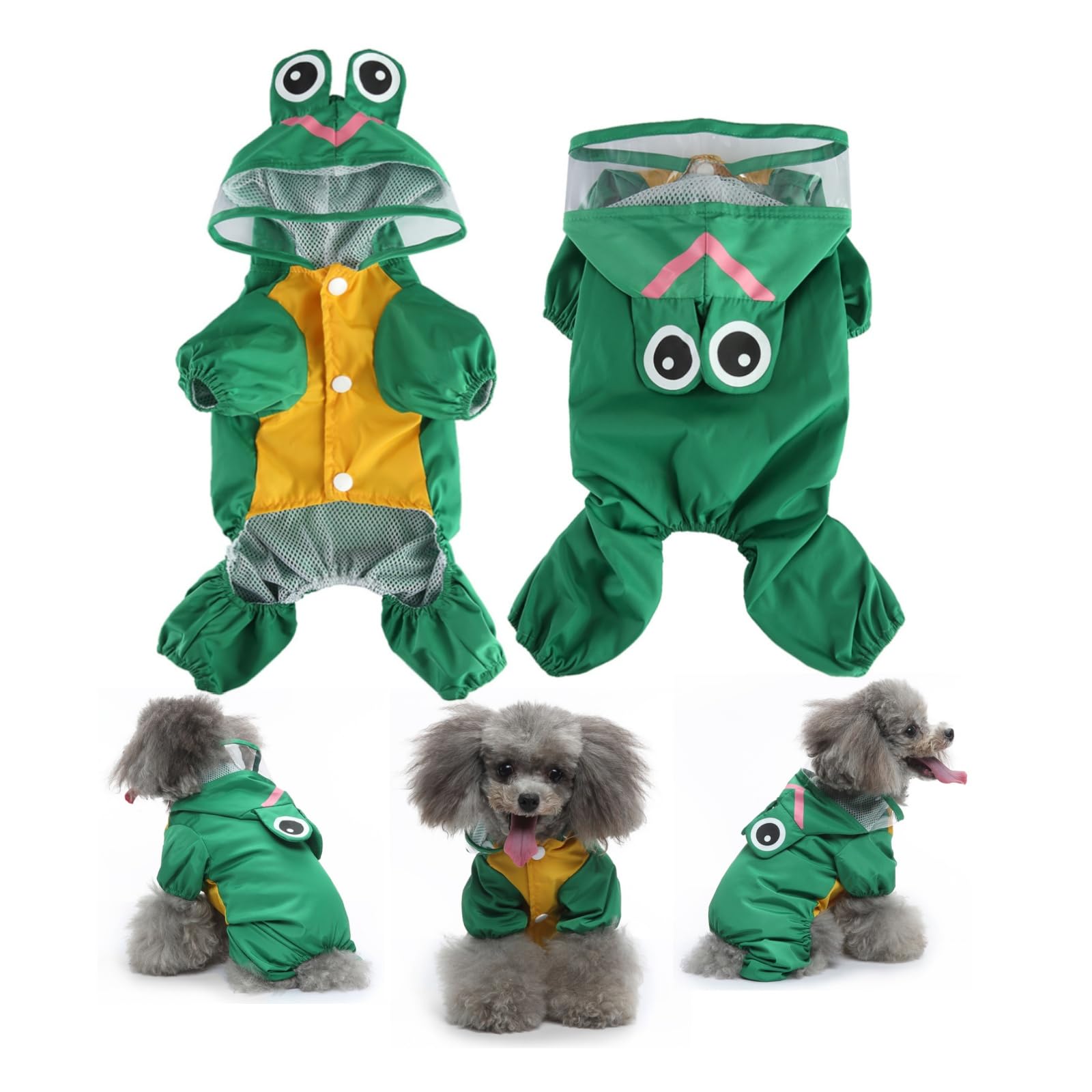 Dog Raincoat with Hood, Waterproof & Windproof Rain Jacket for Small Dogs Boy Girl, Packable, Adjustable, Funny Animal Pattern Raincoats with Legs 1.5kg to 8kg Available (Green,S)
