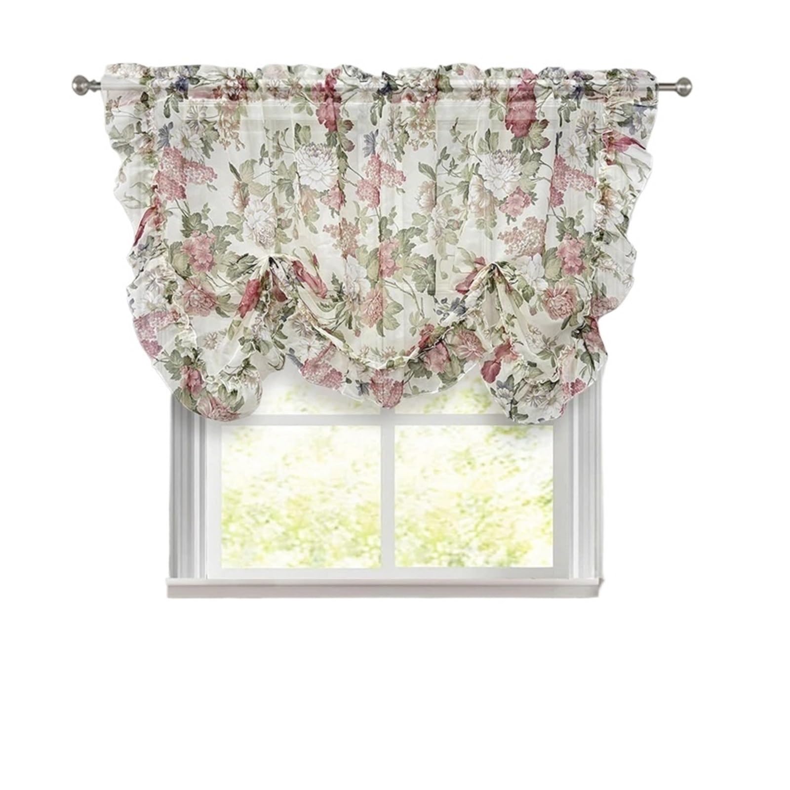 WWPMNQD Ruffled Curtains Pastoral Rose Blossoms Sheer Ruffled Short Curtains For Bedroom Romantic Ruffles Lace Tulle Translucent Voile Window Drapes for Bedroom(1 PCS W150 X H160cm)