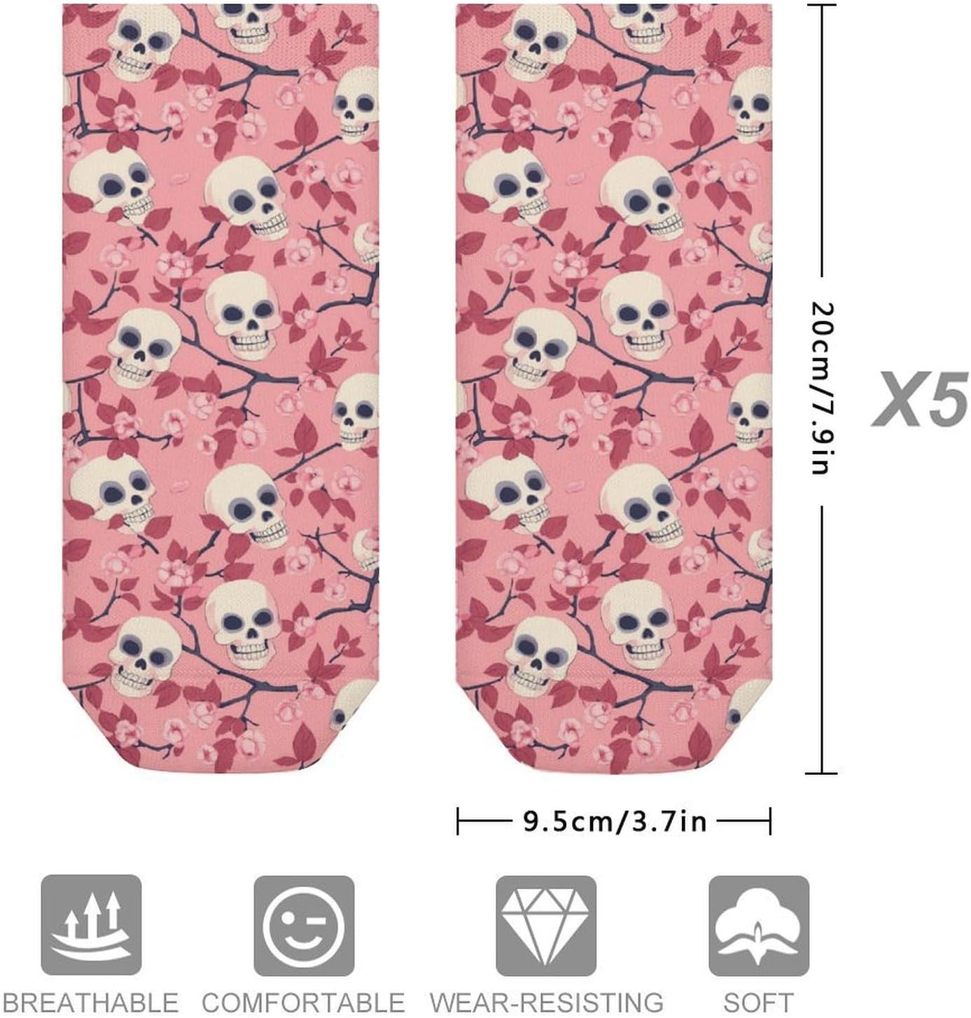 Cherry Flowers Skulls 5 Pairs Low Cut Ankle Socks Casual Liner Sock No Show Invisible Socks for Men Women