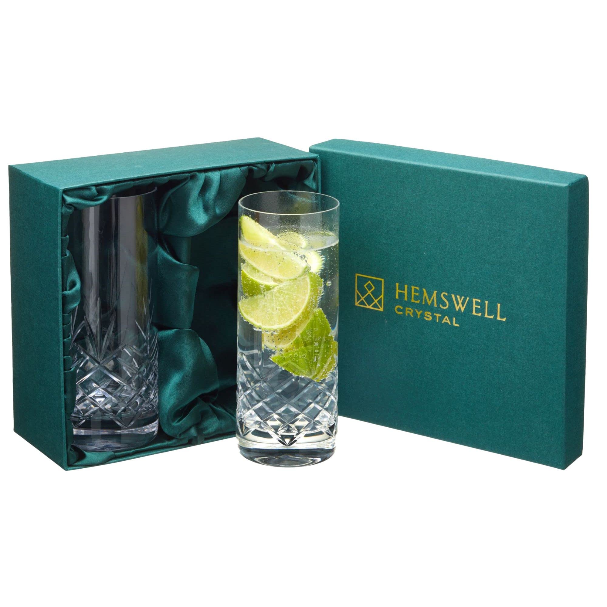 Hemswell CrystalHighball Glasses Set of 2 12oz - Crystal Tom Collins Glasses - Hiball Glasses Satin Lined Presentation Box - Heavy Weighted for Stability - Kilmore Design