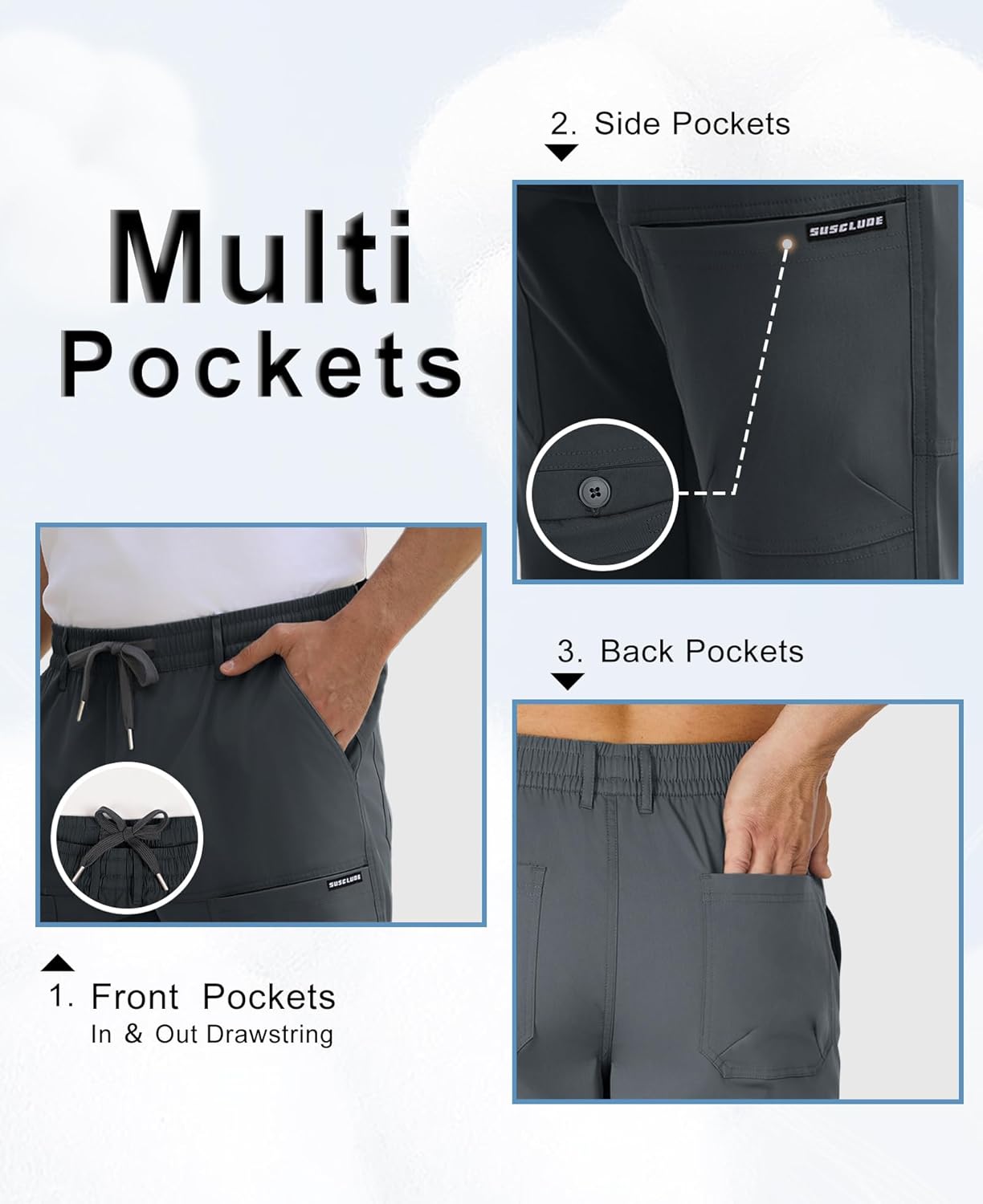 Susclude Cargo Pants for Men Summer Drawsting Casual Pants Lightweight Elastic Stretch Waist Durable Multipants with Pockets - Image 4