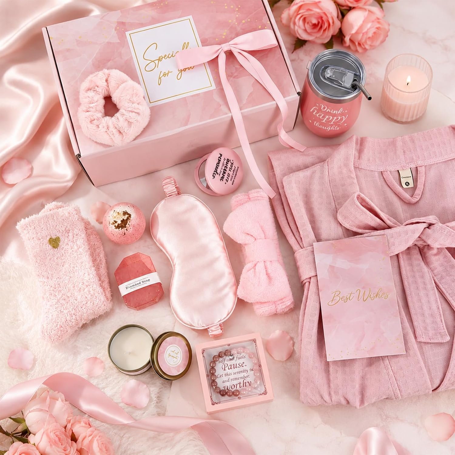 gisgfim 14Pcs Birthday Gifts for Women Spa Gift Basket Set Relaxing Home Products Self Care Kit Includes Mirror Socks Steamers Bath Robe for Women Mother's Day Her Friend Sister Wife Grandma (Pink)