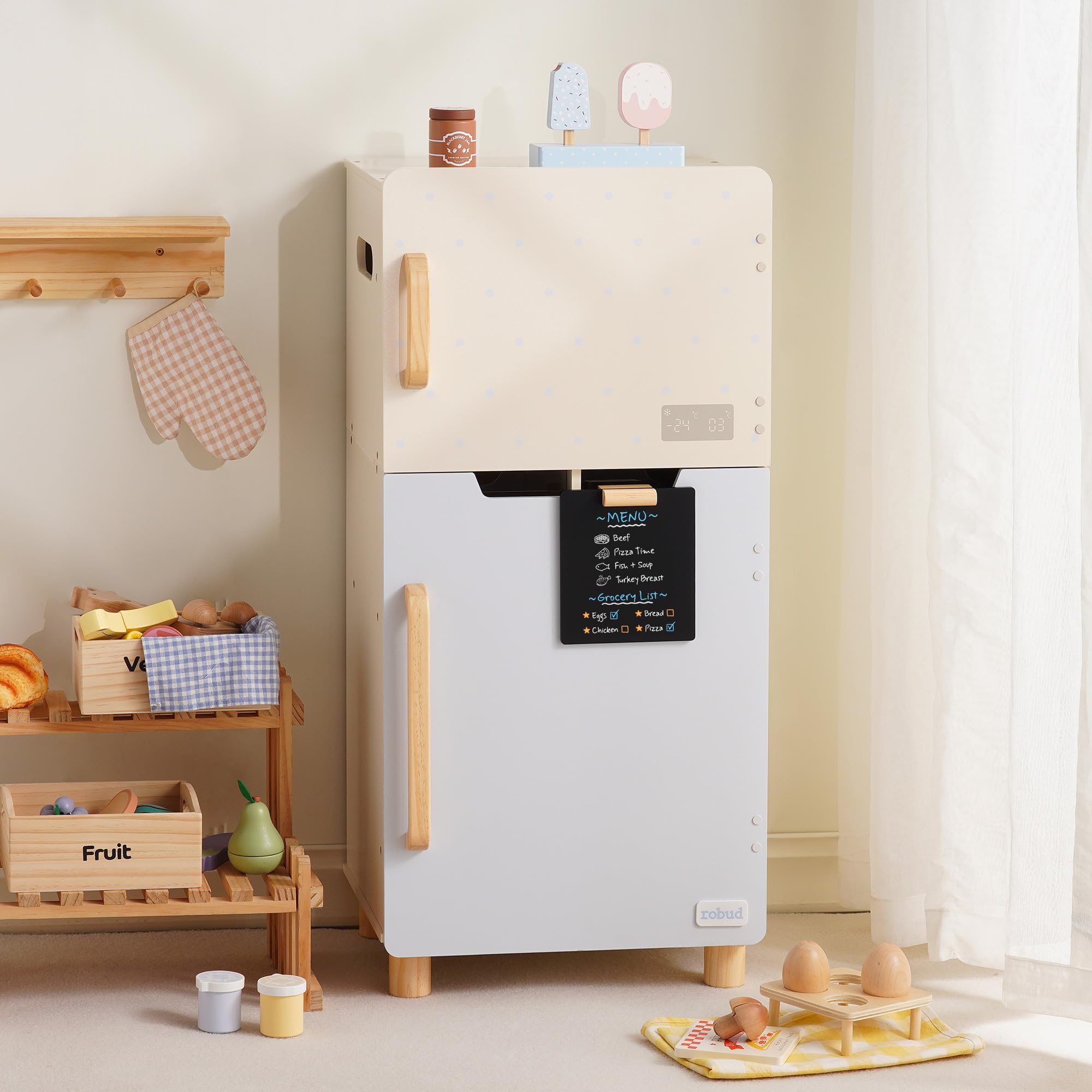 ROBUD Wooden Toy Fridge Playset, Kids Pretend Play Refrigerator with Blackboard, Freezer, Fridge Section & Accessories, Toddler Toy Kitchen Gift Play Fridge for Boys & Girls Age 3+