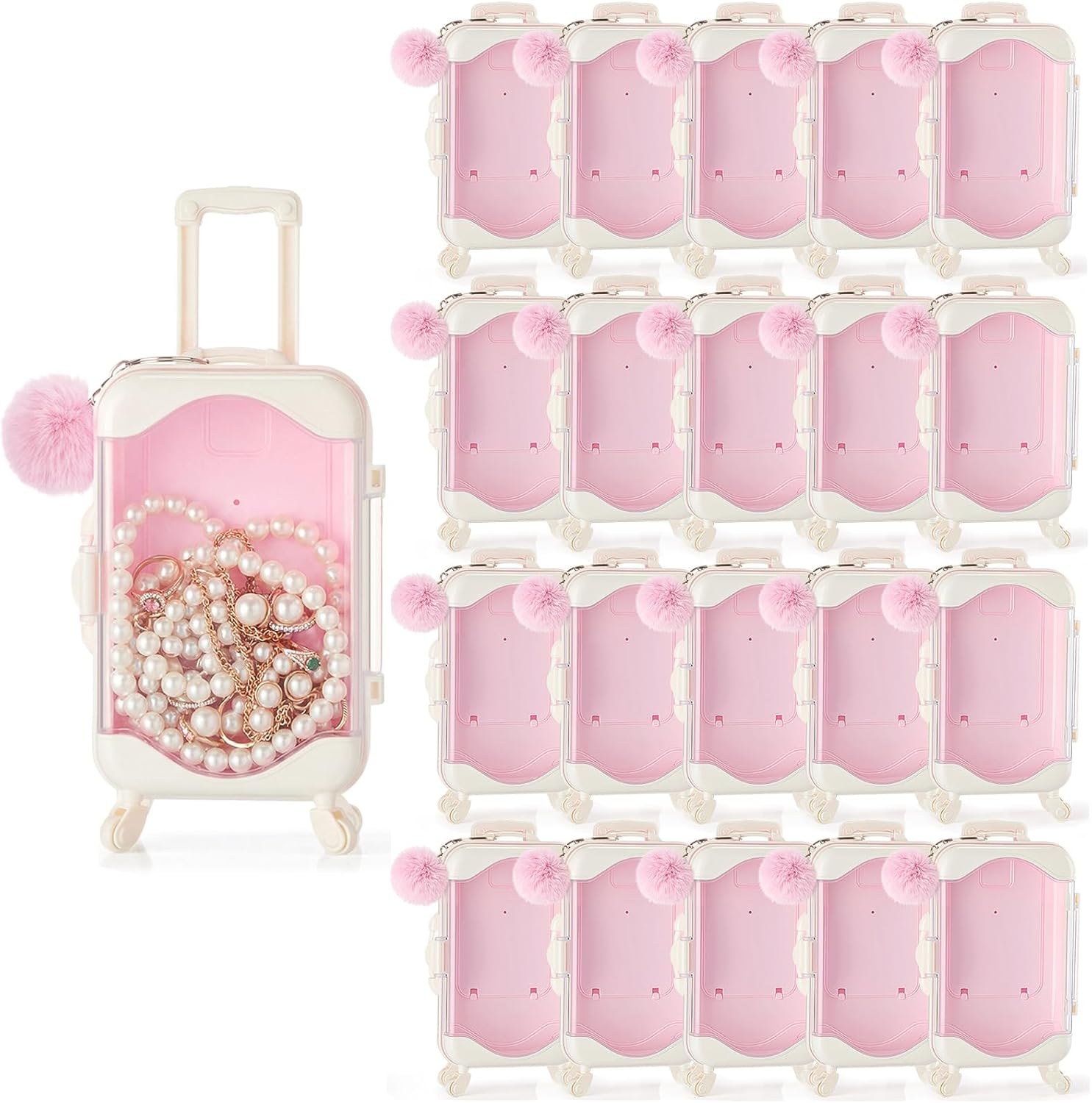 LemonRoad 4 Sets Mini Empty Suitcase Gift Box and Plush Ball Keychain Clear Candy Luggage Storage Containers Suitcase Packaging Case for Wedding Birthday Bridal Party (Pink)