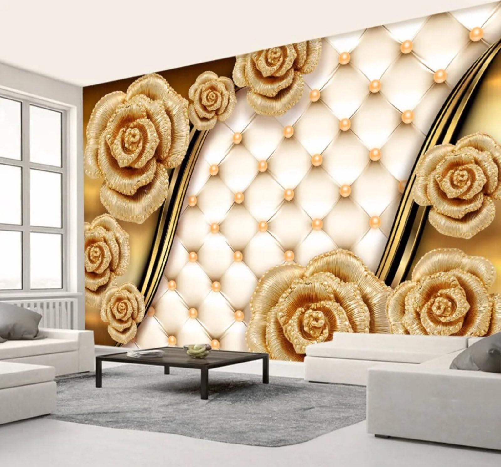 Wallpaper-3D-Xlm 350Cm×256Cm(B×H) Luxury Gold Rose Jewellery Pouch 3D Wallpaper Easy Install Feature Office Living Room Sofa Bedroom Tv Background Wall Decoration-350Cm×256Cm