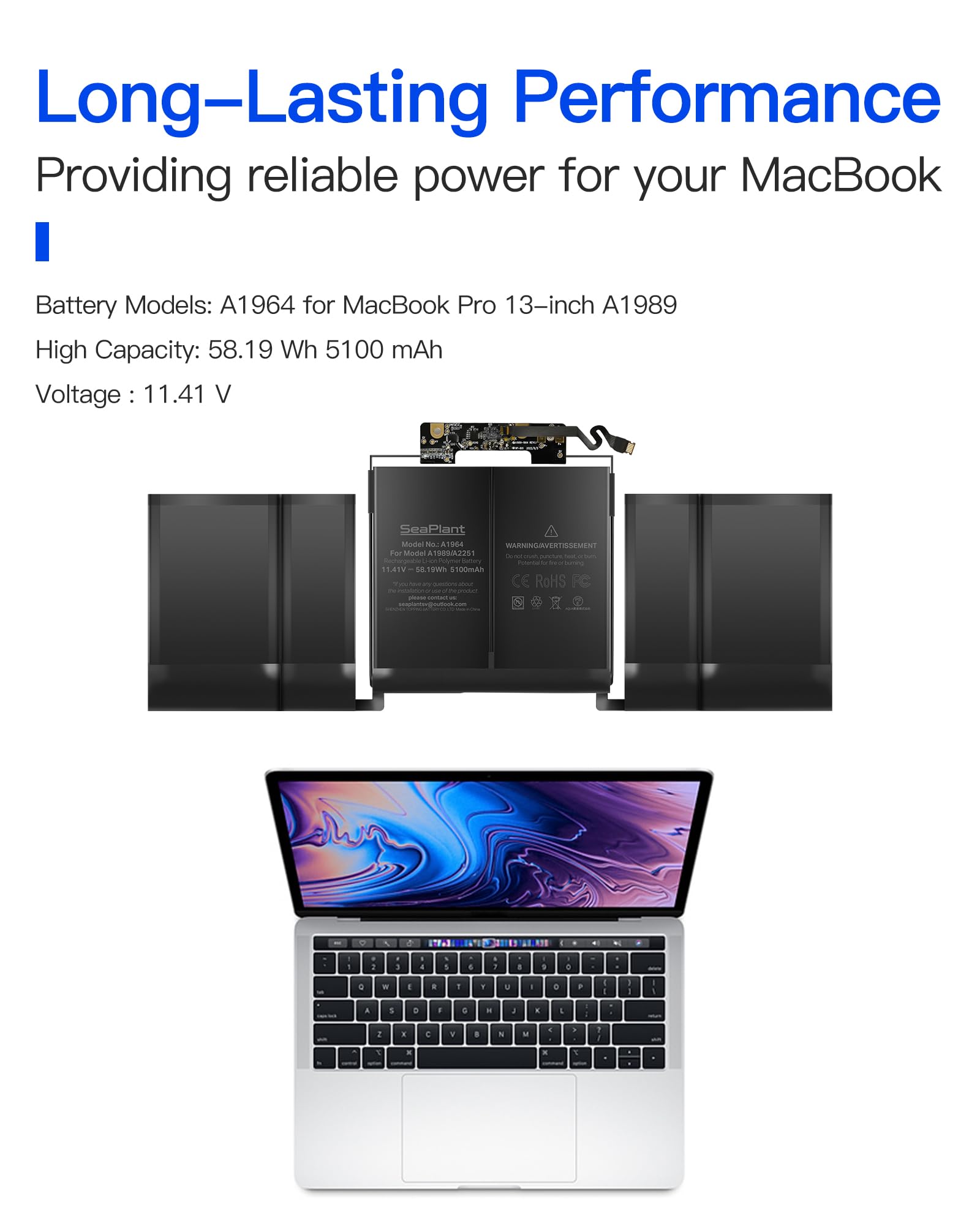A1989 Batterie pour MacBook Pro 13 Pouces A1989(2018,2019) A2251(2020) Batterie A1964