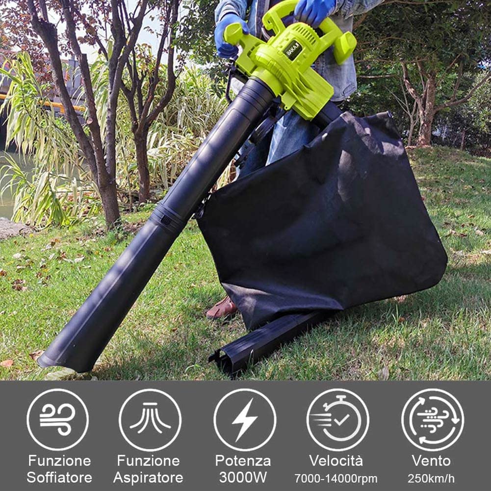 BAKAJI Extracteur de Feuilles électrique de Jardin 3 en 1 aspirateur déchiqueteuse et souffleur à Feuilles, Puissance 3000 W avec réservoir de Collecte 40 l et bandoulière pour Entretien, avec Fil
