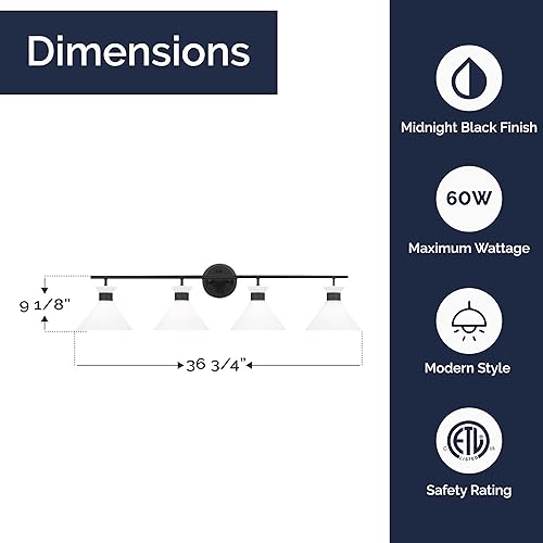 Miniatura 3 de Scott Living Belcarra - Aplique de pared moderno de 4 luces en acabado negro medianoche con pantallas de vidrio blanco grabado