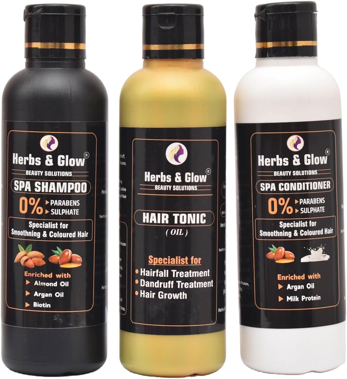 Herbs & Glow Combo Of Hair Tonic, SPA Shampoo And Conditioner 200 Each ML | Bottle Gourd, Coconut, Sesame, Ral, Rose Water, Almond Oil, Argan Oil, Biotin and Milk Protien | Paraben & Sulphate Free | For All Types of Hair