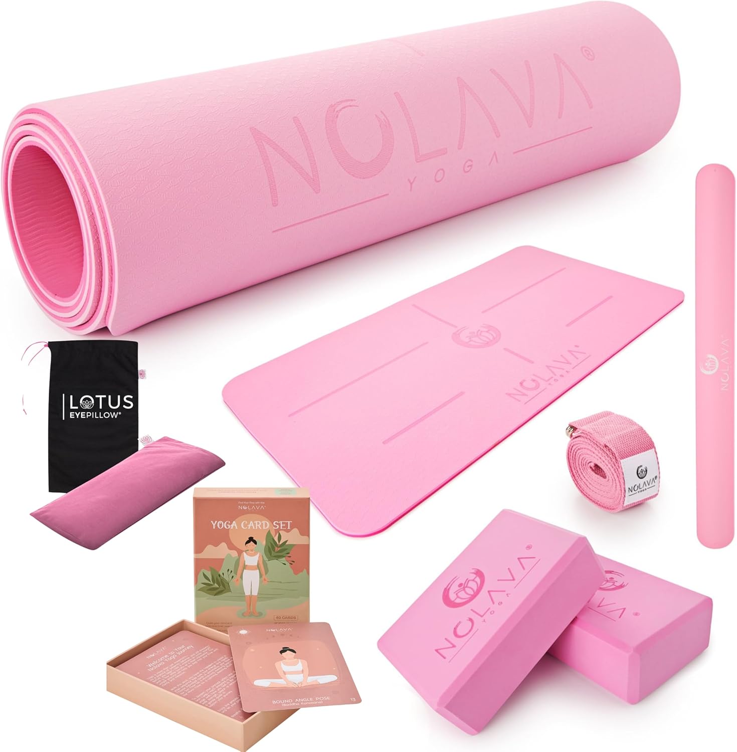 NOLAVA Yoga Mat Set for Women – 6-Piece Pink TPE Set with Yoga Blocks, Strap, and Mat + Yoga Cards for Beginners + Lavender Eye Pillow – Eco Friendly Yoga Props for Relaxation & Home Practice