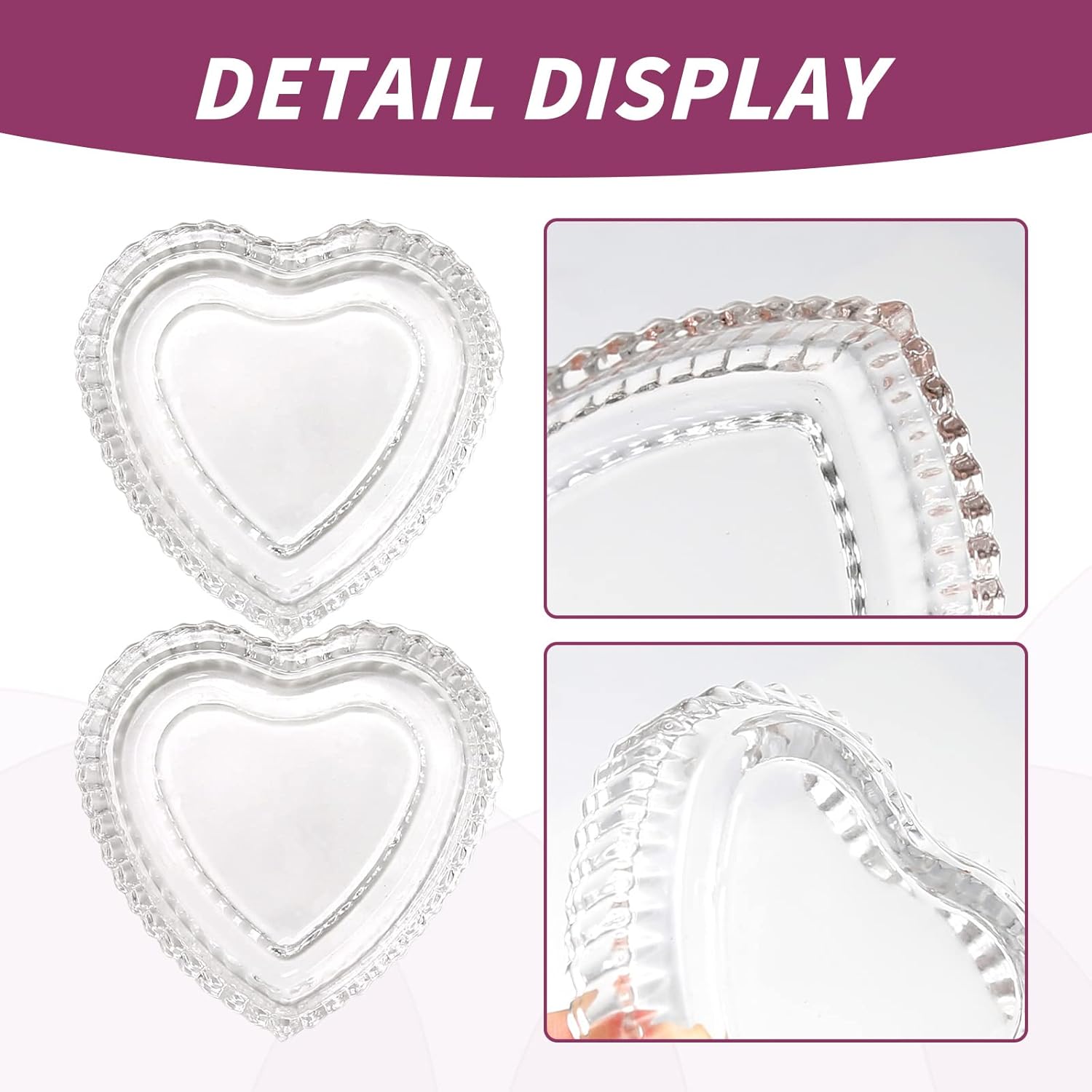 Crystal Glass Heart Shaped Storage Box, Embossed Jewelry Box Trinket Storage Tray Candy Box with Lid (2Pack Clear)