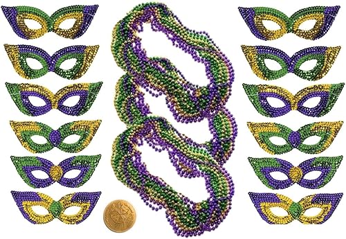 Máscaras y cuentas de lentejuelas Mardi Gras, 12 máscaras, 36 collares y el doblón Mardi Gras Krewe