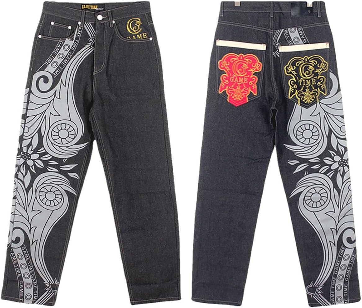 NCDUANSAN Gothic Men's Denim Pants Street Trend Loose Hiphop Street Dance Graffiti Print Casual Straight Tube Wide Leg Wash