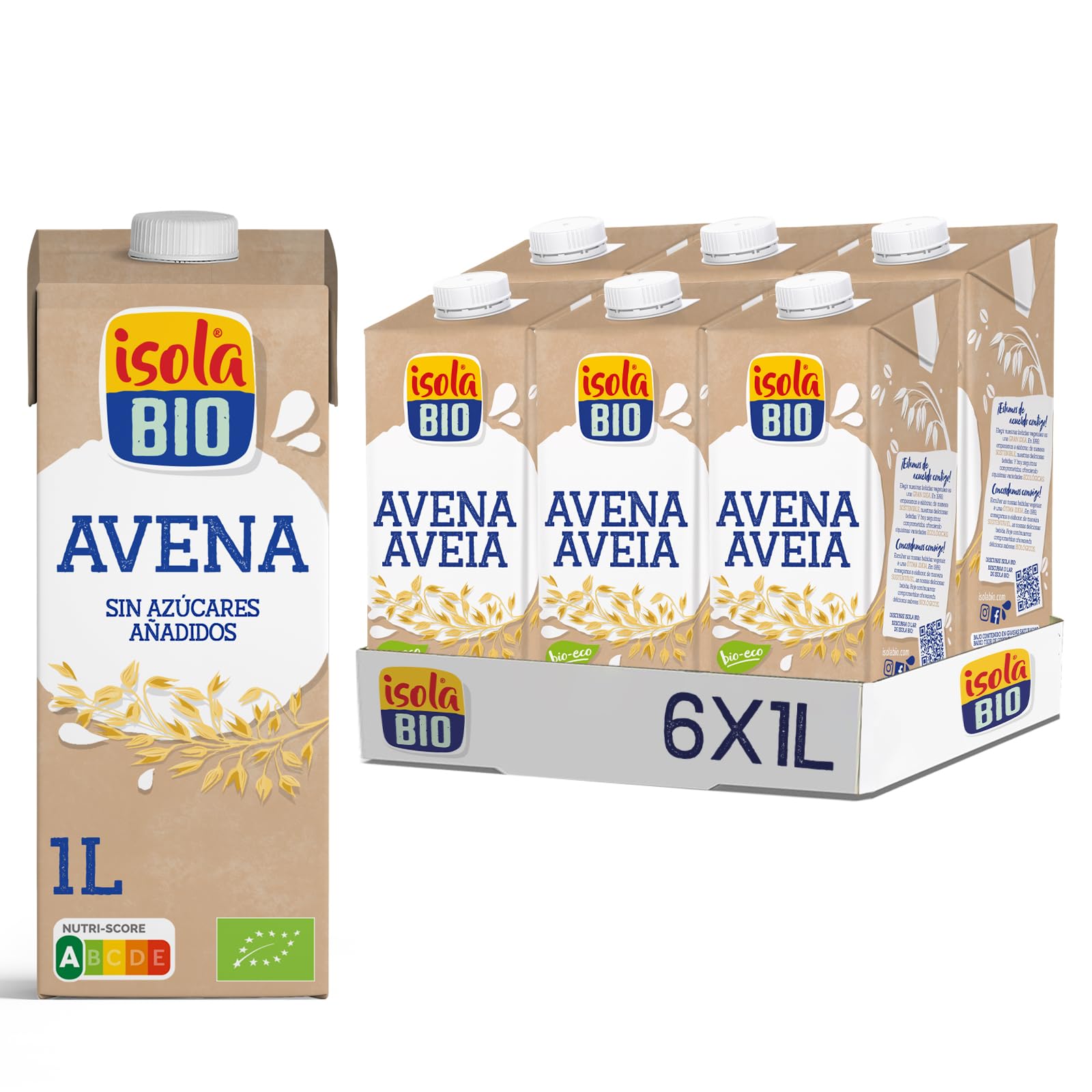 Isola Bio - Pack de 6 Unidades de 1 L de Bebida Ecológica Vegetal de Avena - Sin Gluten, Sin Azúcares Añadidos y Sin Lactosa - Apto para Veganos - Ideal para Tomar Sola, con Café o en Batidos