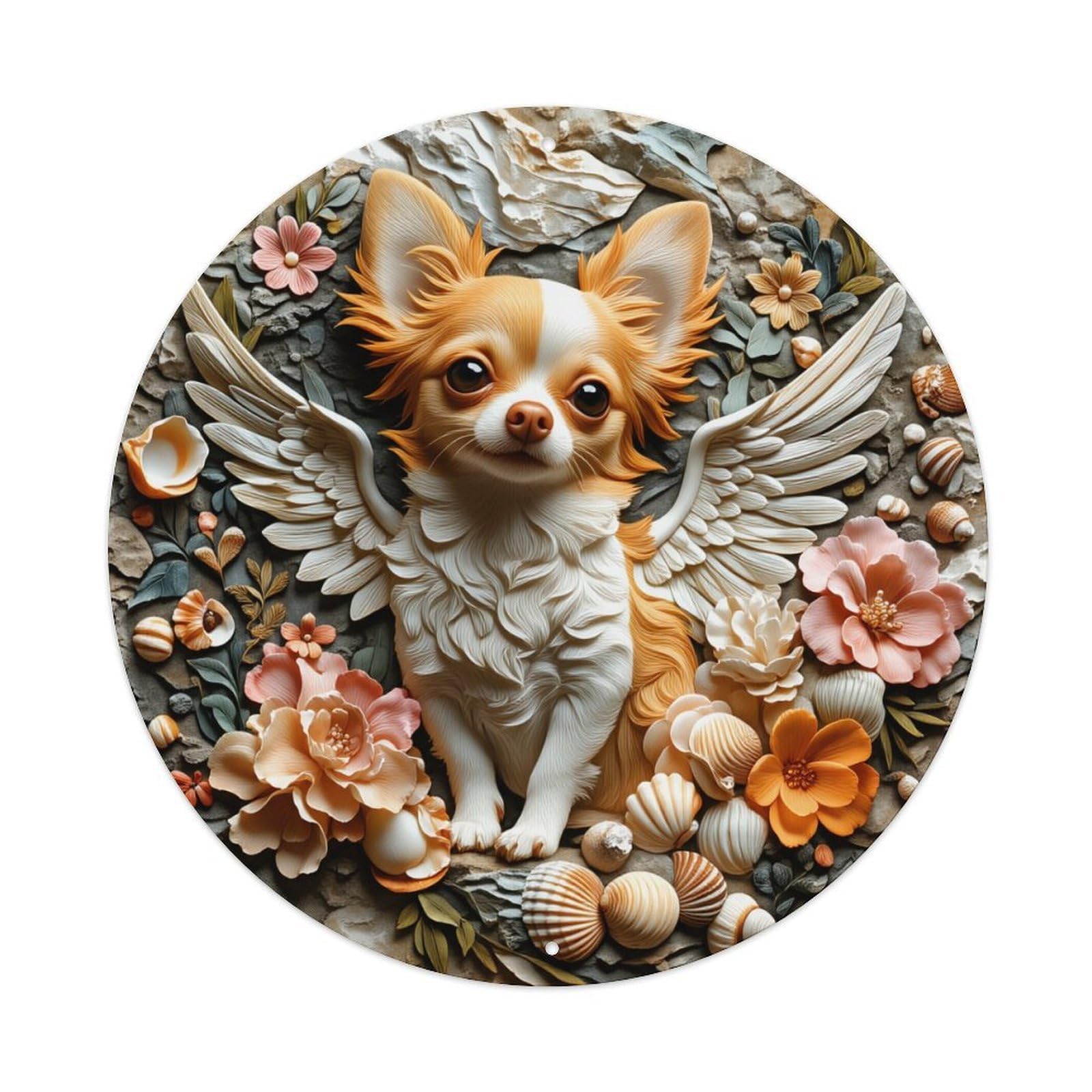 Angel Chihuahua Floral Shell Art Round Tin Sign Vintage Metal Poster, Home Bar Garage Man Cave Cafe Indoor & Outdoor Wall Decoration 8x8Inches