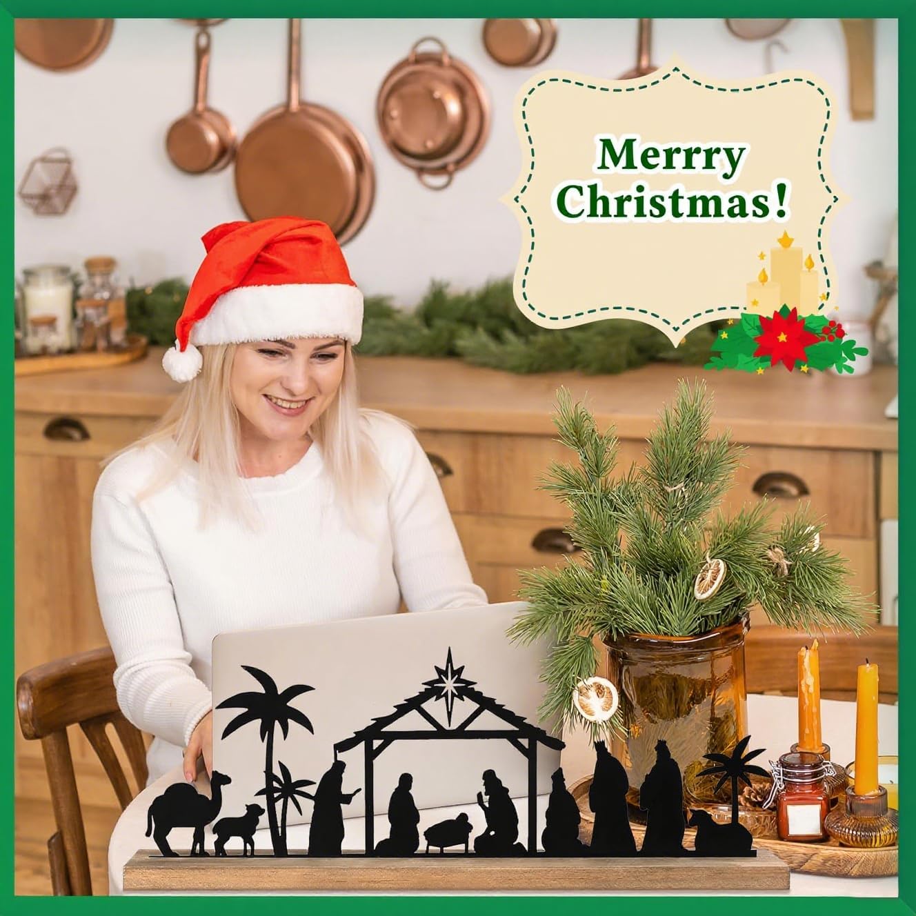 Metal Nativity Sets for Christmas Decorations Black Metal Nativity Scene with Wooden Base for Xmas Home Indoor Mantel Tabletop Office Kitchen Table Shelf Decor (Classic)