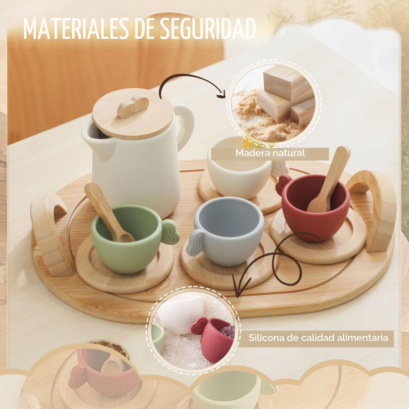 Juego de te Infantil 13 Piezas, Juego de té para niños de Madera, , Silicona, con Tazas, Tetera y platillos, Regalo para niñas y niños