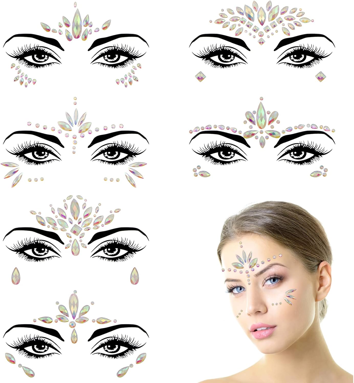 SPOKKI Face Gems Set, 6 Pcs Luminous Festival Face Gems Stickers for Eyes，Crystal Temporary
