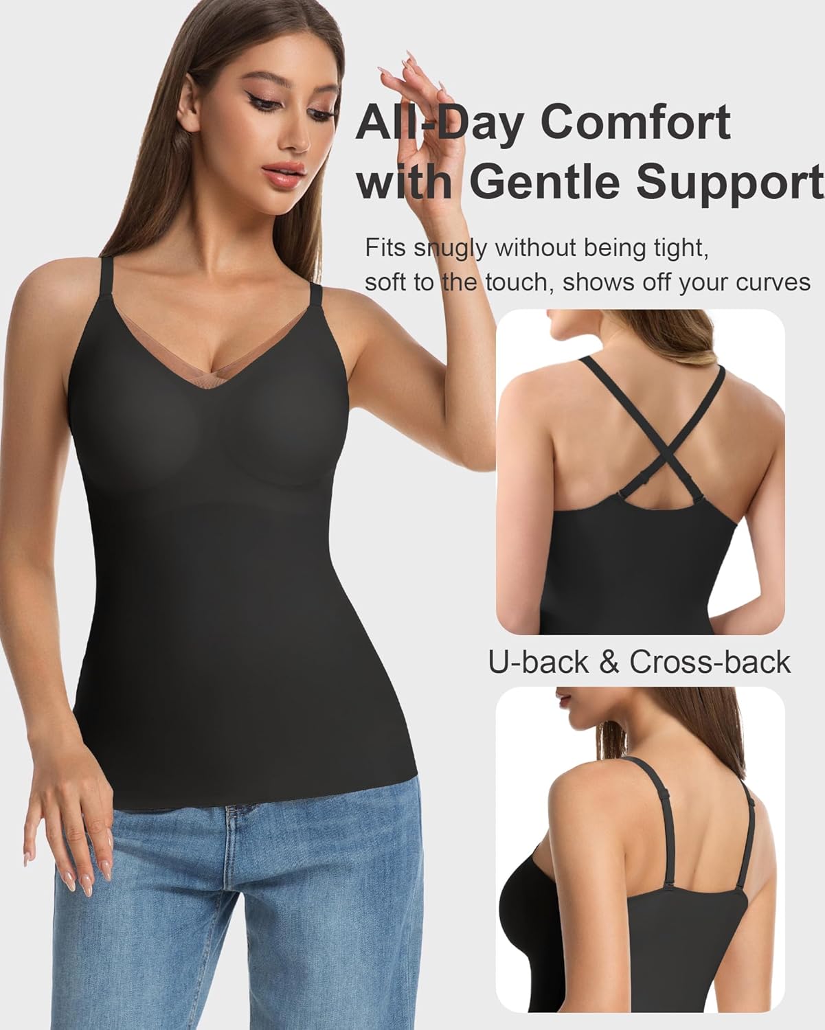 Vinfact V-Neck Lace Seamless Camisoles Tank Tops with Built in Bra for Women Summer Workout Going Out Tankini Camis - Image 5