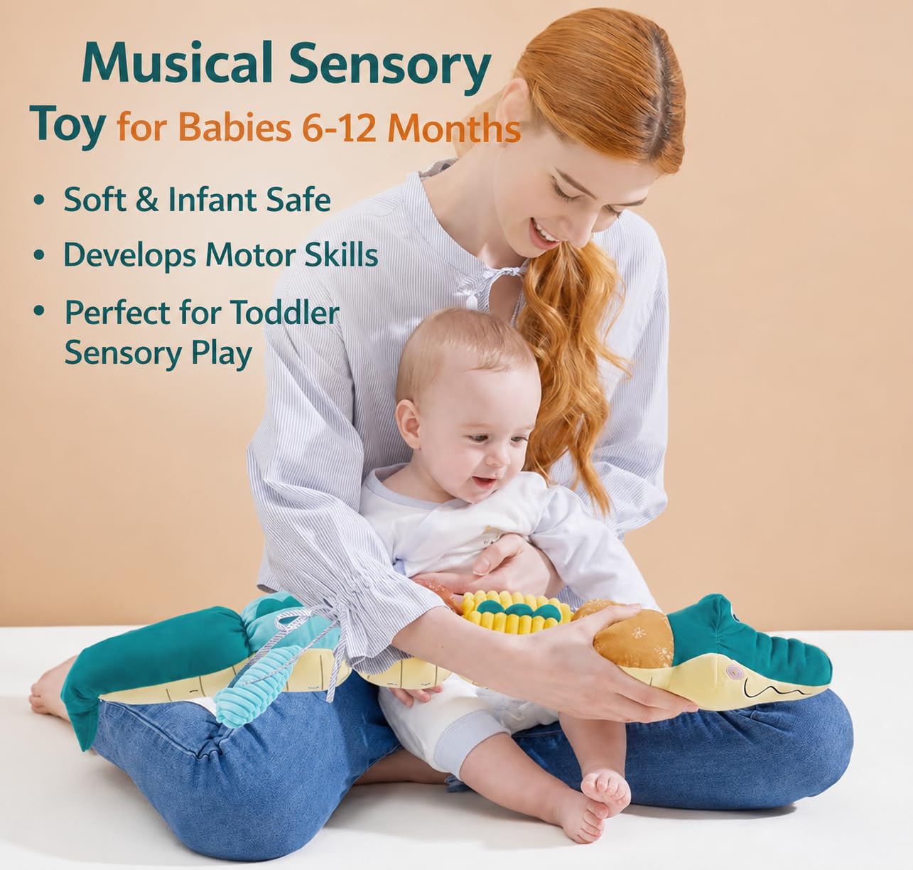 Jinglers All in One Musical Crocodile Toy for 6 Month Old Baby, Soft Sensory Plush with Crinkle, Rattle, Squeeky and Hight Measurement, Fine Motor Skill Development, Tummy Time Infant Toy for 6 to 12 Months, Newborn Gift (65cm) 1