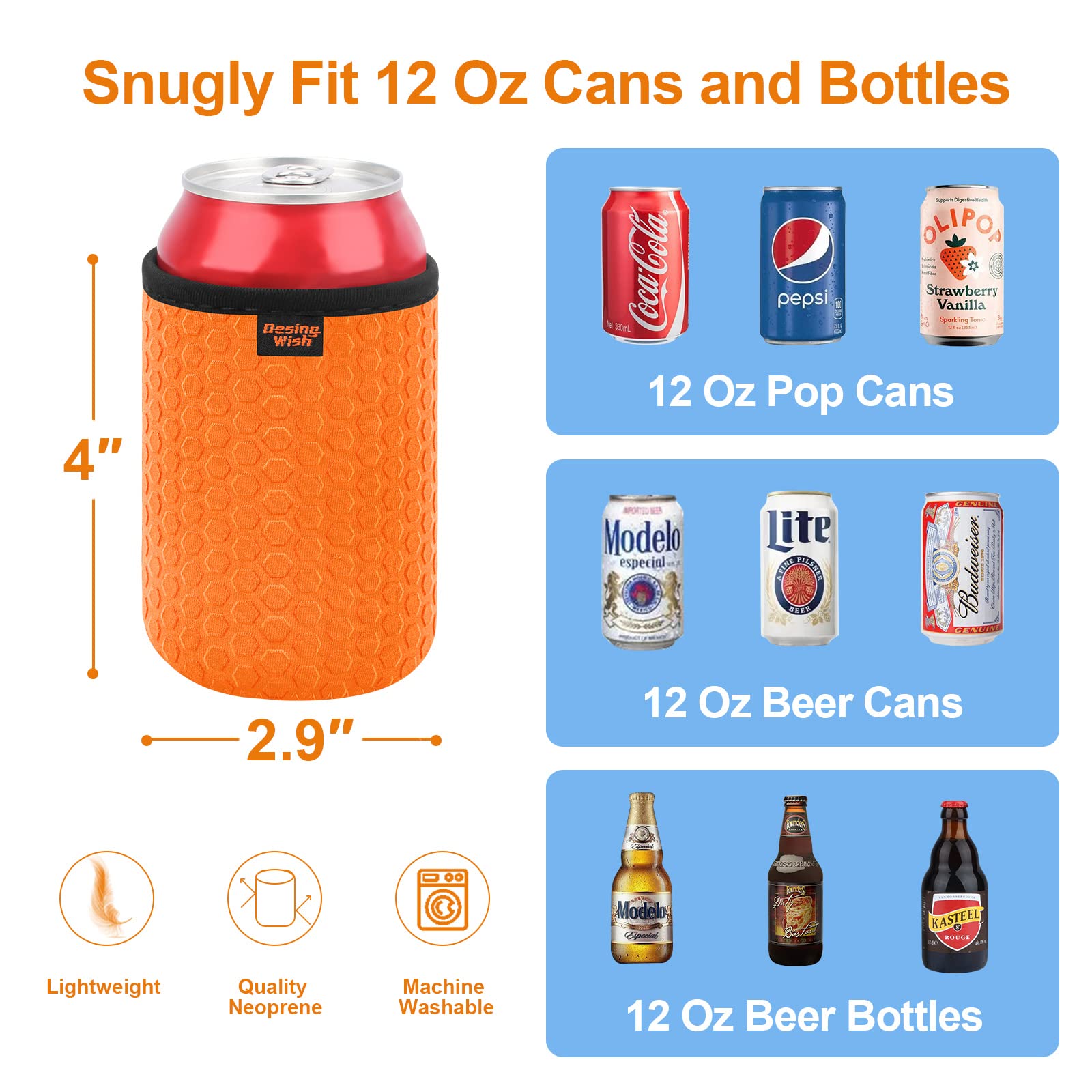 Desing Wish 4-Pack 16oz Neoprene Can Cooler Sleeves - Insulated, Honeycomb Grip, Black/Red/Blue/Cyan