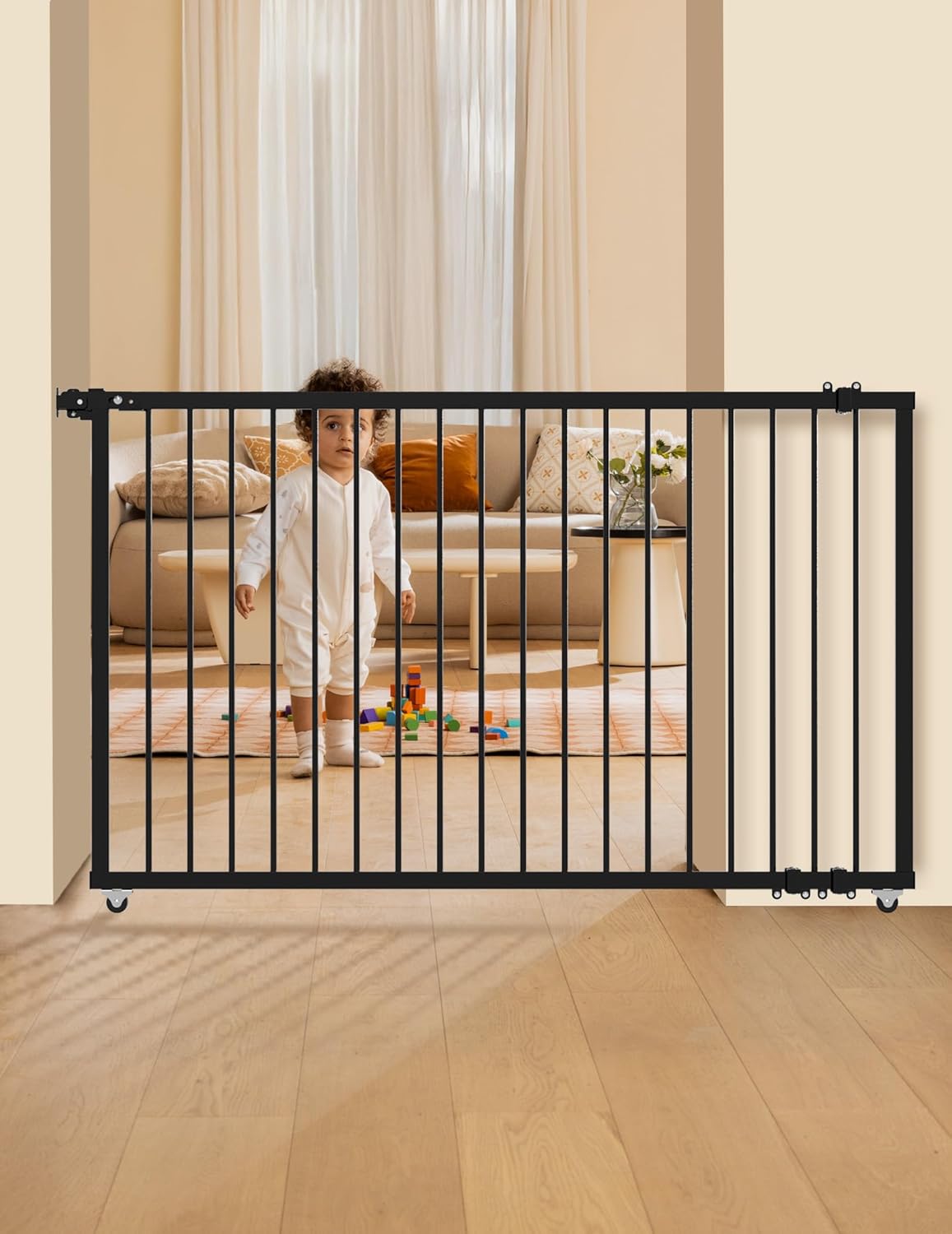 Babelio Sliding Baby/Dog Gate, No Bottom Bar Narrow Baby Gate for Door Openings up to 38", Extra-Wide Walk Thru Door with Bottom Rubber Wheels, Easy Install Hardware-Mounted for Stairs/Doorways, Black Black 38 inches