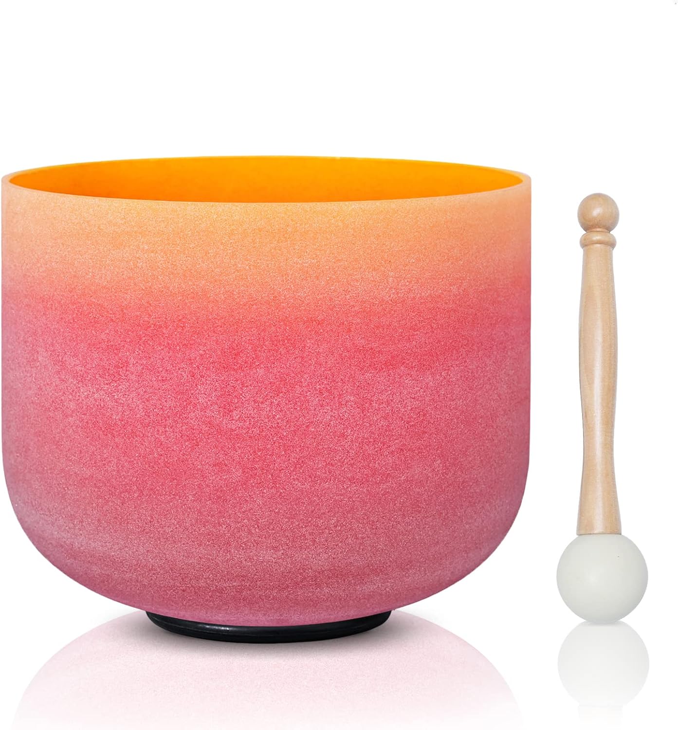 CVNC 440HZ 8 Inch Rainbow Colored E Note Solar Plexus Chakra Frosted Quartz Crystal Singing Bowl for Sound Healing and Meditation
