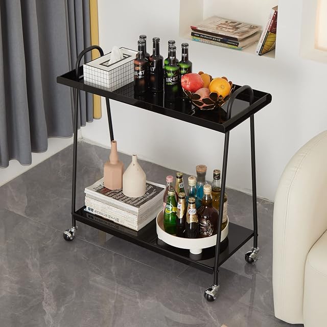 Henbula Bar Storage Trolley Cart,Acrylic Metal Rolling Utility Mobile Shelving Organizer Cart with Handle Lockable Wheels for Living Room Kitchen Office Bedroom,Black (MFDV-B)