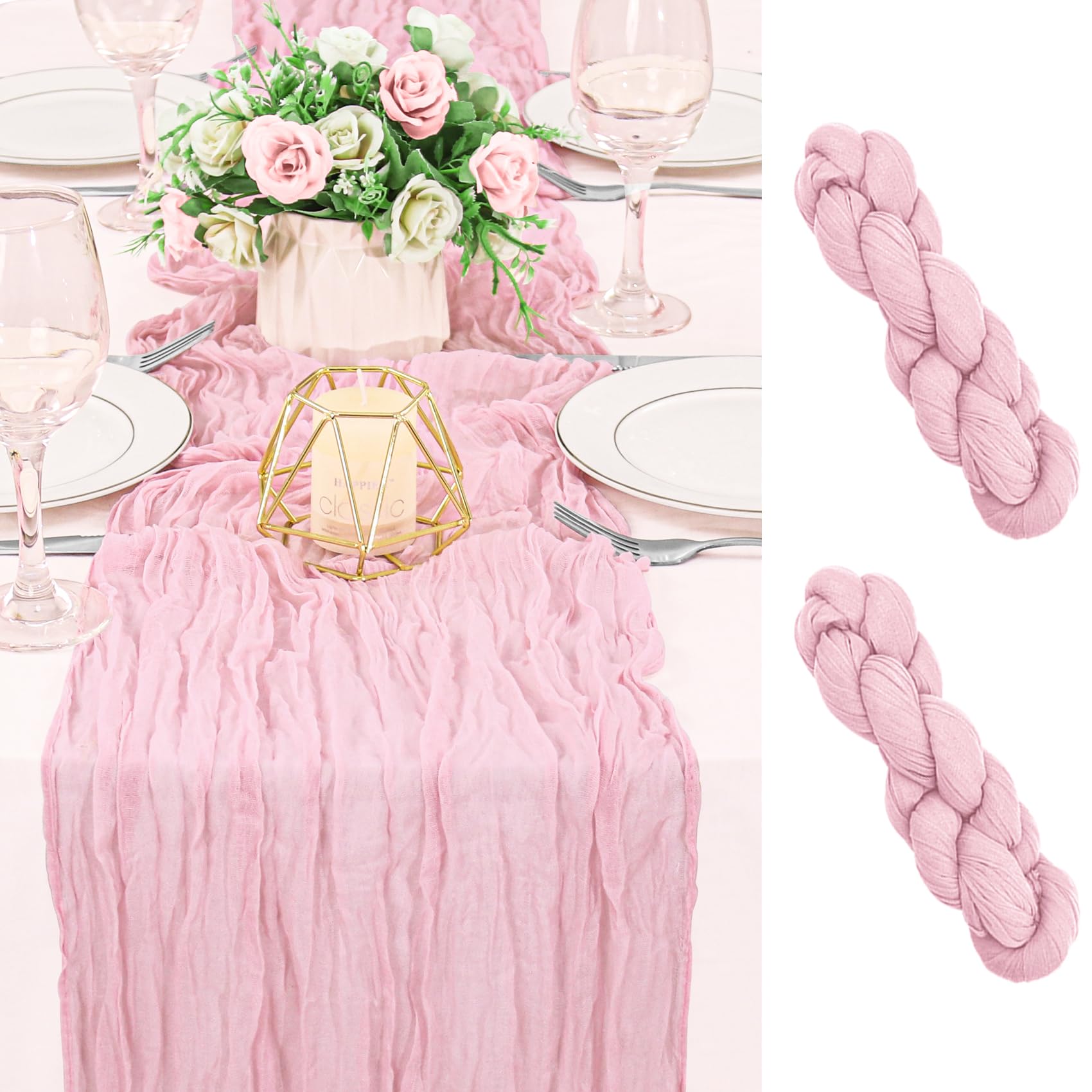 2 Pack 120 Inch Pink Cheesecloth Table Runner Boho Rustic Gauze Sheer Romantic 10 FT Long Cheese Cloth Table Runner for Bridal Baby Shower Wedding