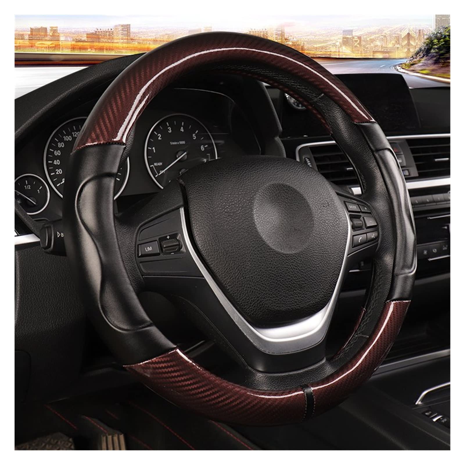 pour 15 Pouces Auto Couverture Volant en Cuir Fiber Carbone Auto Anti-dérapant Couverture Roue Protecteur Automobile Accessoires Intérieurs Housse Volant Caches Volant (Couleur : 1)