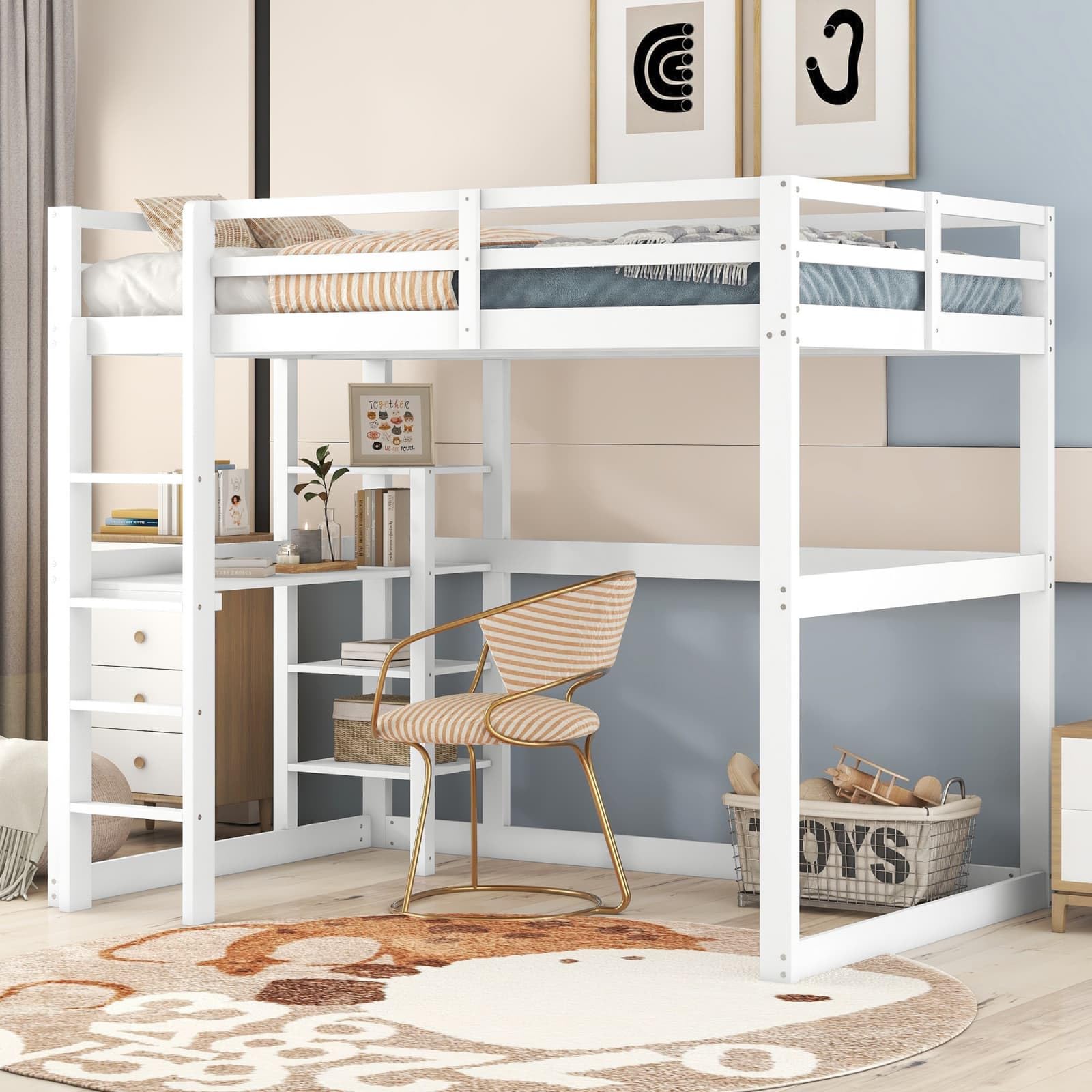 Lit Mezzanine Enfant KOMHTOM 90x190cm - Avec Rangement Et Échelle - Bois Blanc