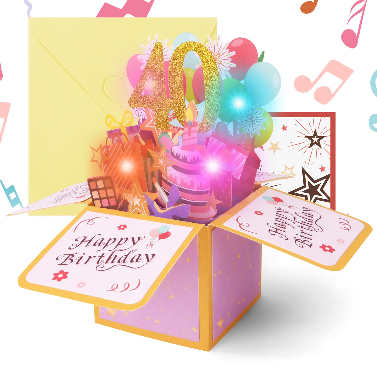 OFFCUP 40th Birthday Card, Light and Music Happy Birthday Card, Pink 3D Greeting Cards Pop Up Gift Box for 40 Years Old Women Wife Mom Friend Gift Decoration
