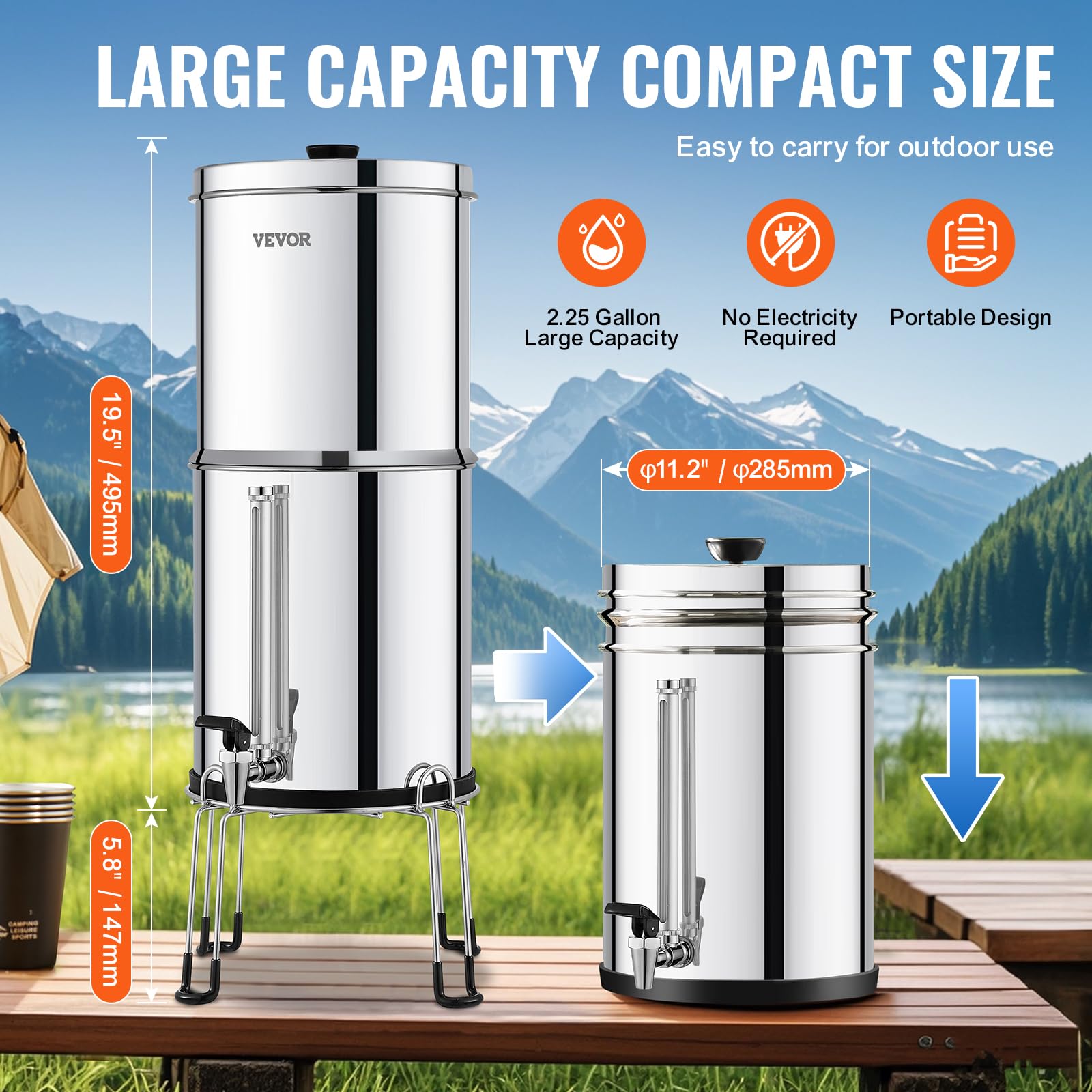 VEVOR Sistema di Filtraggio Acqua a Gravità Sistema in Acciaio Inox Sistema Filtraggio Acqua 7+8,5 L, Riduce Piombo e Cloro, con 2 Filtri al Carbone, Indicatore del Livello dell'Acqua, Camper