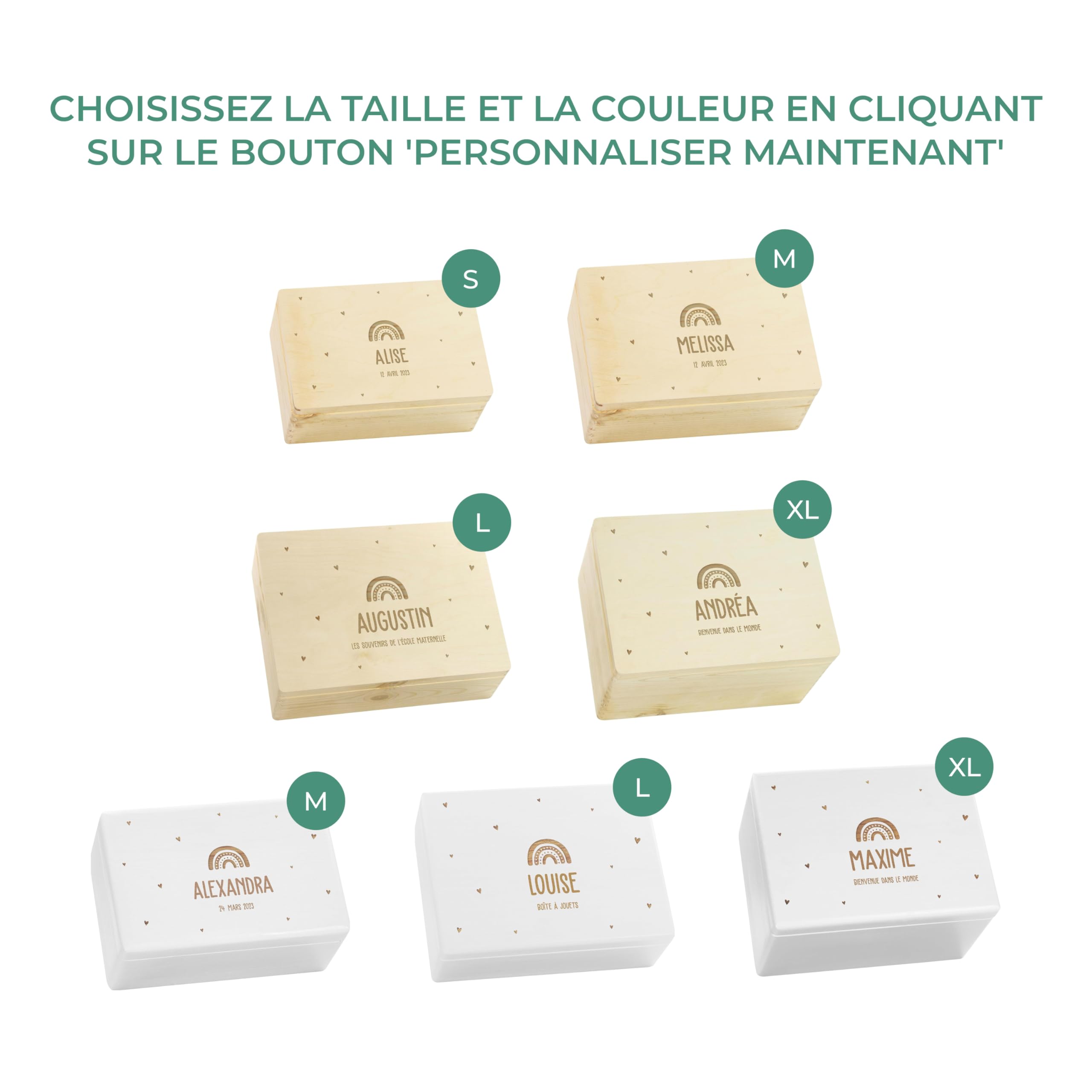 LAUBLUST Boîte à souvenirs bébé personnalisée - Cadeau de naissance avec nom, Arc-en-ciel avec cœurs, tailles S M L XL, bois naturel & blanc FSC