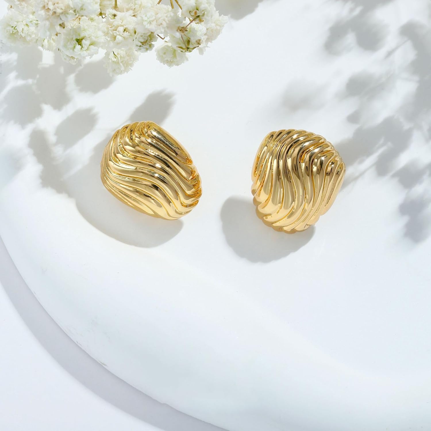 ZRU Chunky Gold Textured Stud Earrings for Women,14k Gold Plated Statement Big Chunky Wavy Studs, Hypoallergenic 925 Sterling Silver Post Trendy Minimalist Earrings, Christmas Jewelry Gifts - Image 6