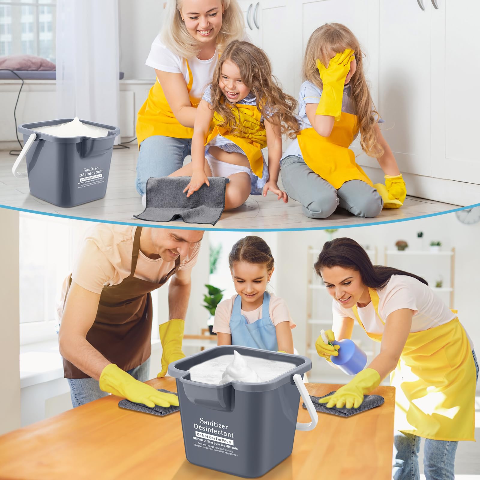 Vesici 6 juegos de cubos de limpieza de 3 cuartos con paños de limpieza de microfibra, cubo cuadrado desinfectante pequeño detergente de plástico con asa para uso doméstico, restaurante, oficina,