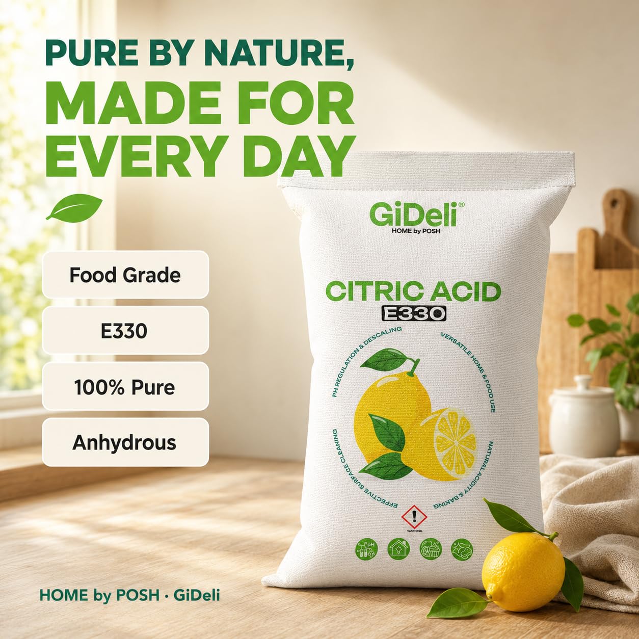GiDeli Zitronensäure Pulver E330 in Lebensmittelqualität 30kg - reine Citric Acid zum Entkalken von Wasserkocher Kaffeemaschine & Waschmaschine - Vegan & Gentechnikfrei für Küche und Haushalt