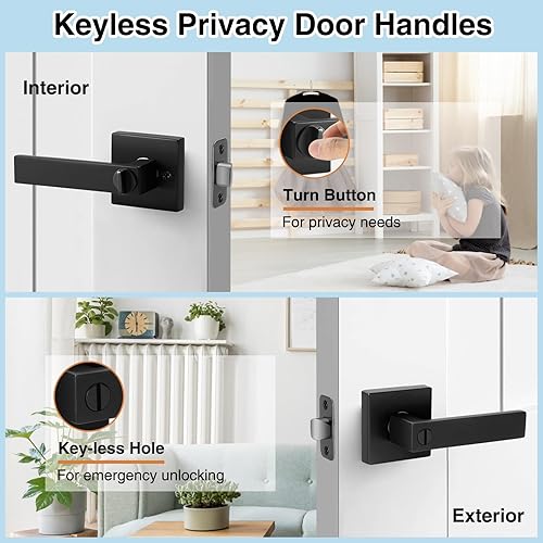 Miniatura 2 de Juego de 5 manijas de puerta de interior color negro, cuadradas, sin llave, paquete de 5 manijas de puerta de privacidad para dormitorio o baño,