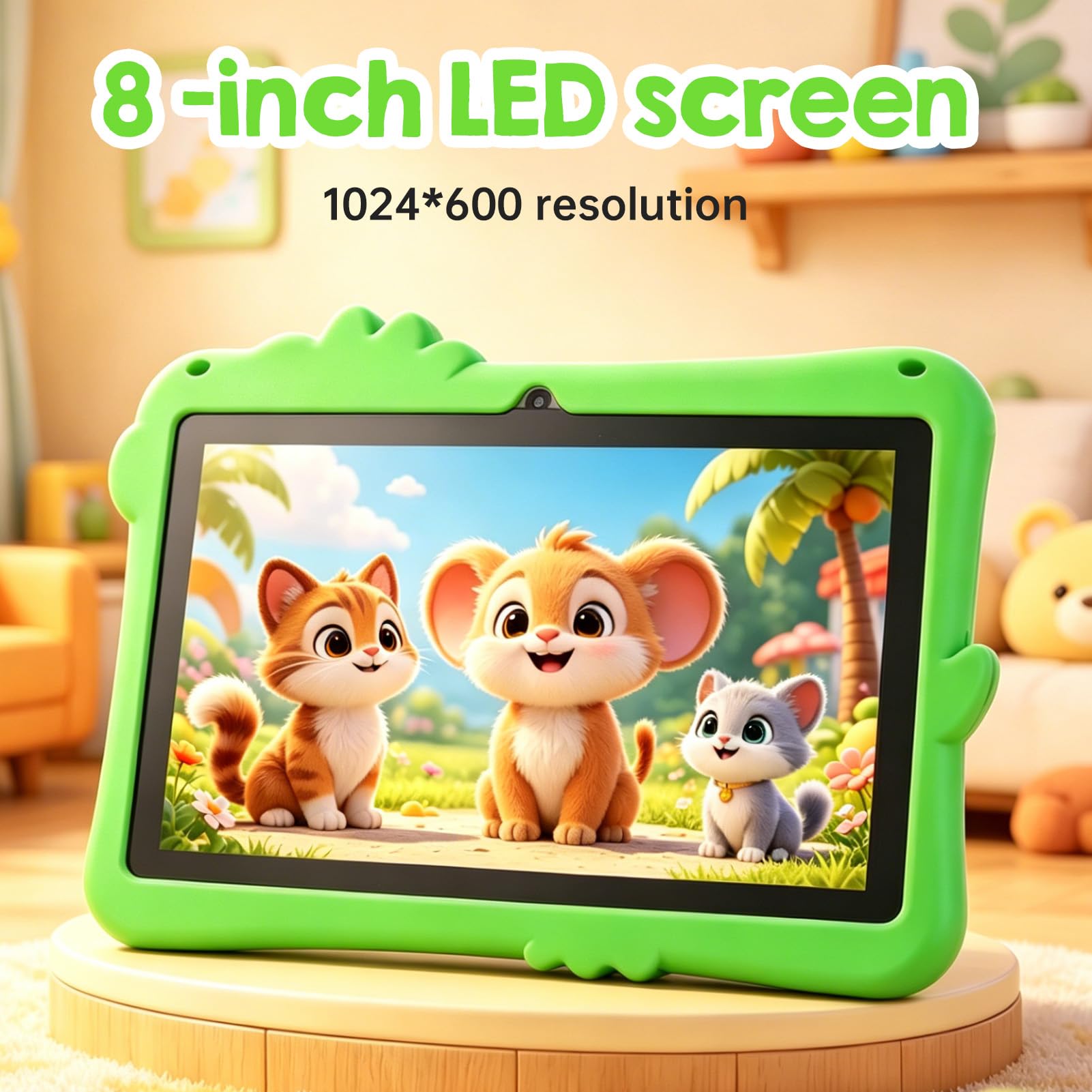 Tablette Dinosaure pour Enfants pour L'apprentissage, Tablette d'apprentissage pour Enfants avec 8 Pouces HD, 2 Go 16 Go, Double Caméra, étui Antichoc, Stylet pour Les Tout (Green)