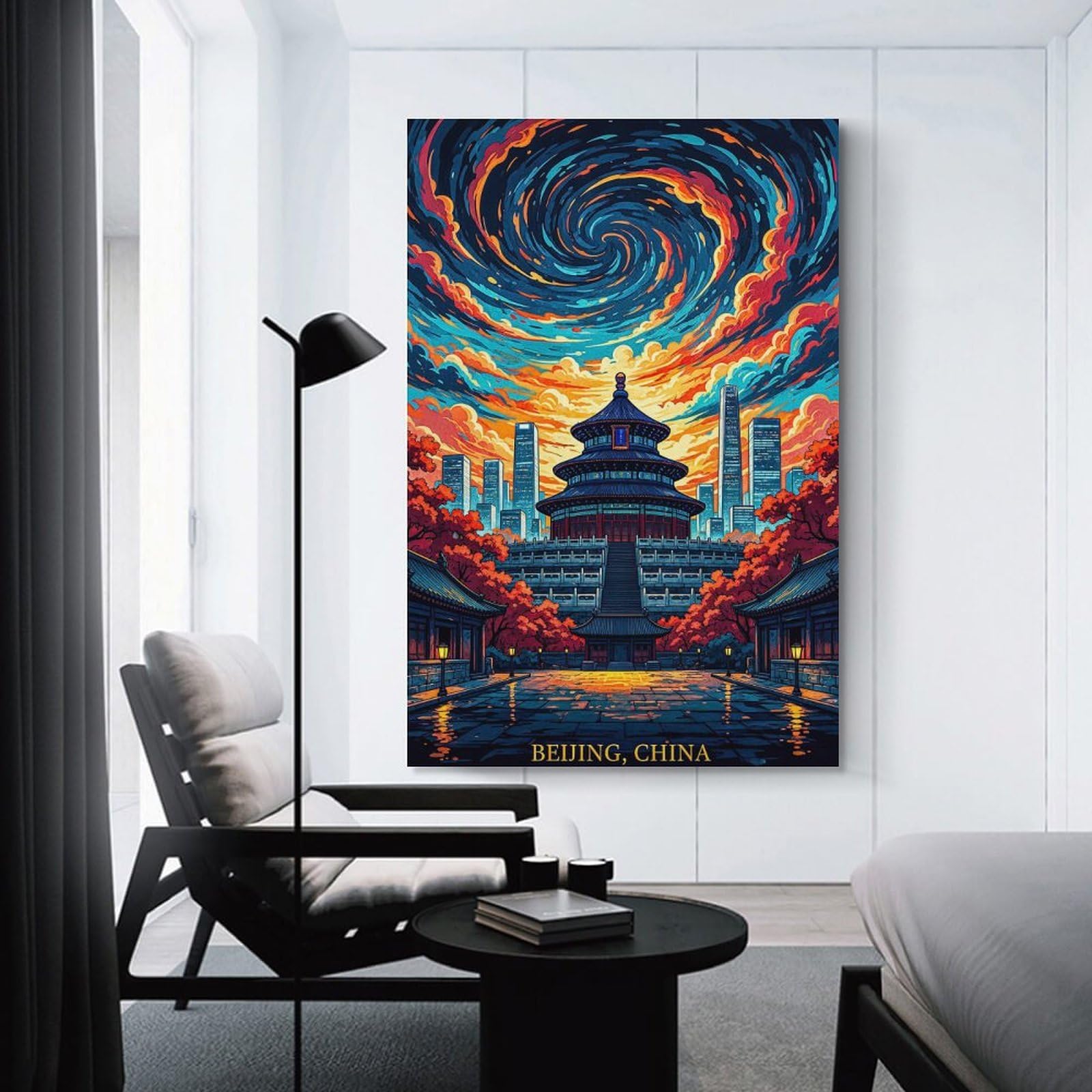 Junmoney Vibrant Beijing Temple with Swirling Sky Room Decor Wall Art, 16x24inch(40x60cm), for Hallway, Lounge Or Guest Room, Gift Idea for Housewarming And Birthdays