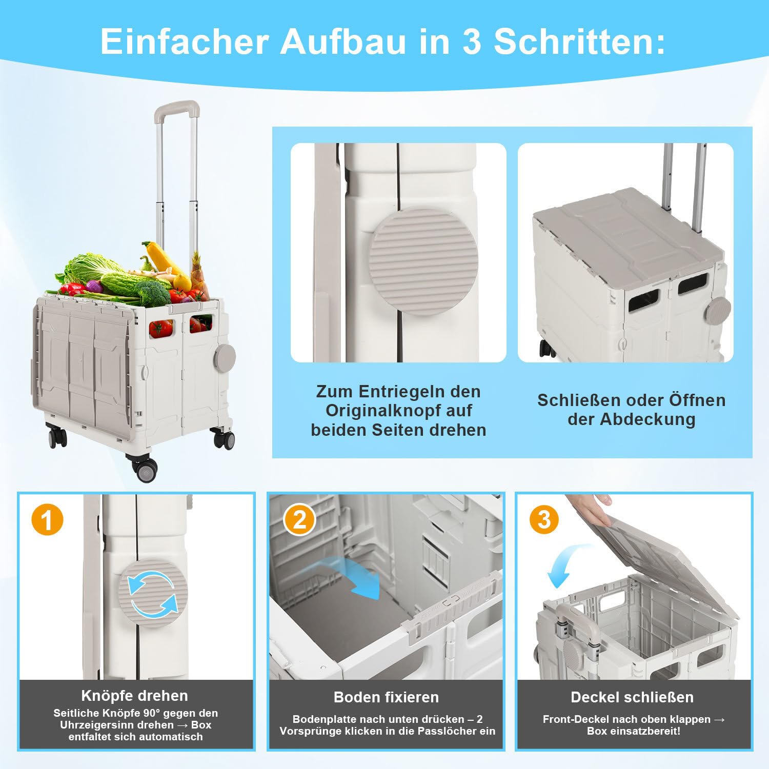 Einkaufstrolley 50 Liter mit 4 Rollen, 2 Bremsen, klappbar & stapelbar, bis 55kg belastbar, großer Transportwagen für Umzug, Camping, Garten (Schwarz/Weiß)
