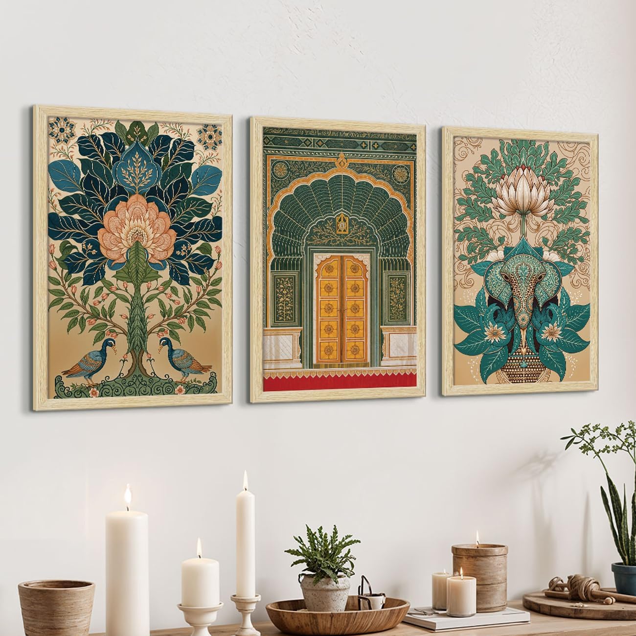 ArtX Paper Madhubani Art Paintings with Frame for Home Decor, Wall Painting for Living Room, Multicolor, Natural Wood Color Frames, Set of 3