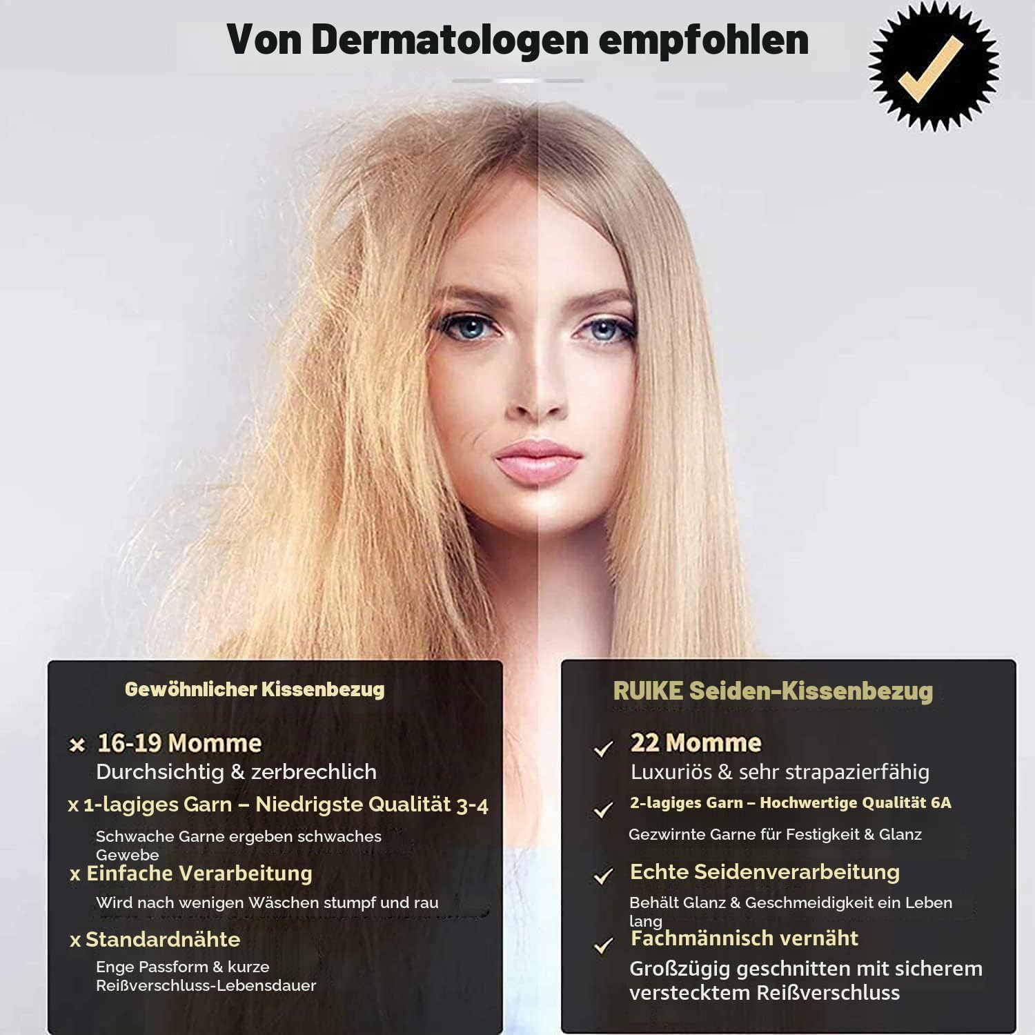 Kissenbezug aus Naturseide, hypoallergen, 22 Momme, 100% Seide, 600 Fäden, mit verdecktem Reißverschluss (White, 80x80cm)