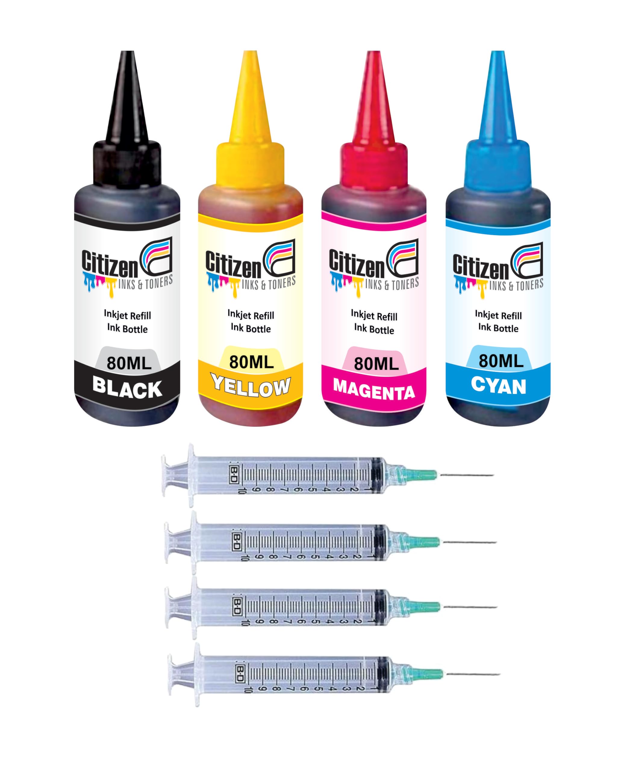Universal Refill Ink for Ink Cartridge Refilling | Compatible for All Inkjet Printers | Perfect Vibrant Shades | High Page Yeild + Syringe - 80ml Per Bottle (4 color ink 4 syringe)-image-27