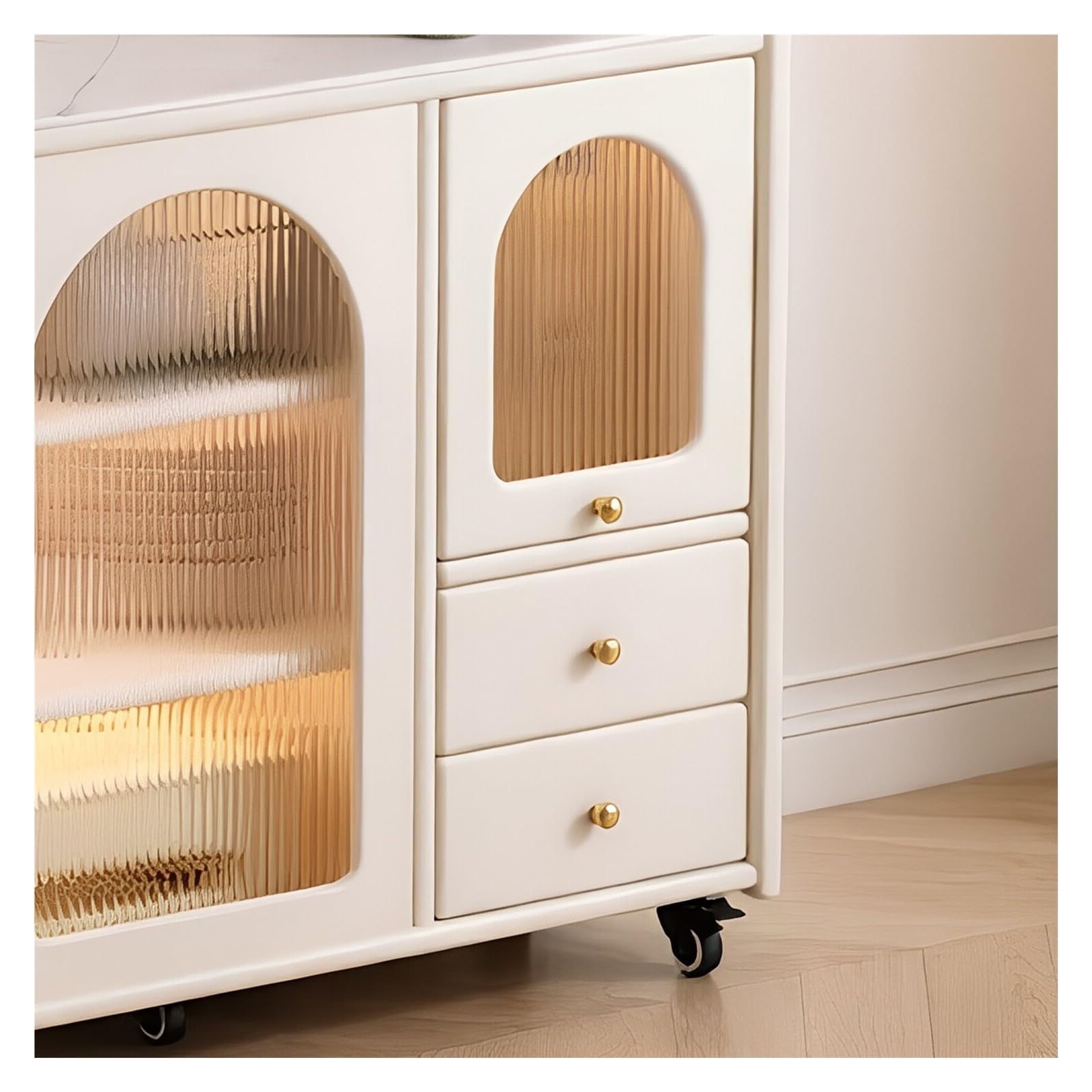 Carrello da cucina Credenza a isola con cassetti, ante in vetro scanalato e ruote con serratura(L)