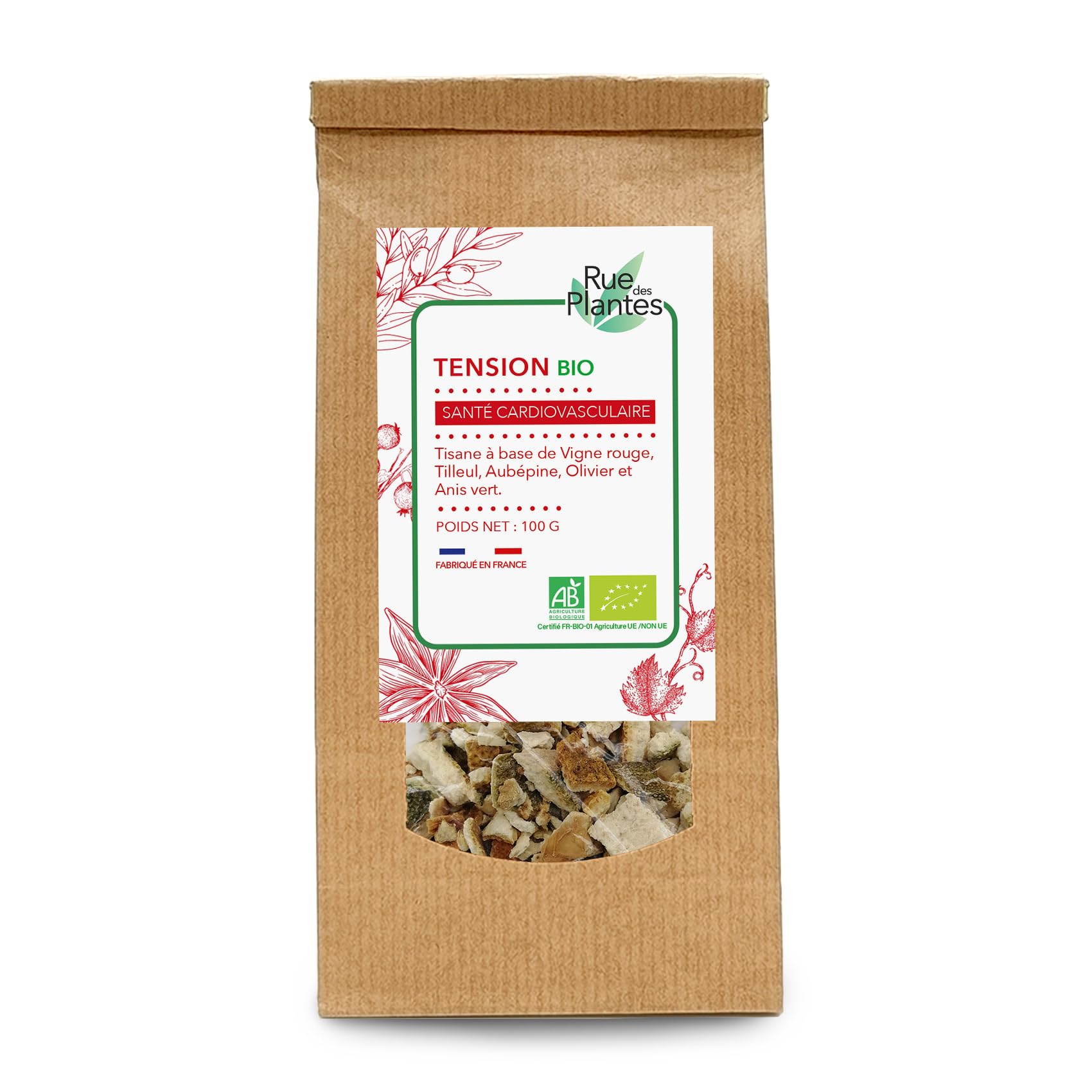 Tisane Tension Bio 100g - Mélange Relaxant de Vigne Rouge, Olivier, Aubépine, Tilleul et Anis Vert - Aide à Maintenir une Tension Artérielle Saine